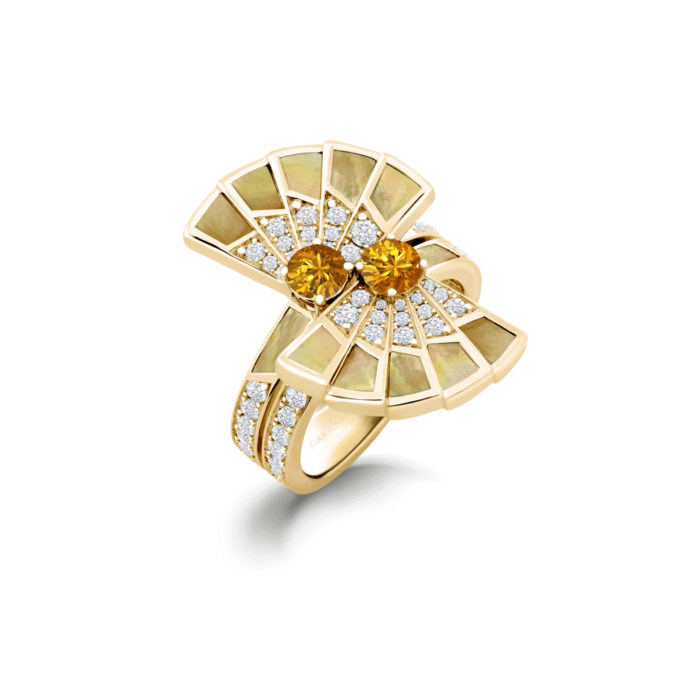 Garrard Fanfare Symphony jewellery collection Double Orange Sapphire and Golden Mother of Pearl Ring In 18ct Yellow Gold with Diamonds 2018719 Hero.png