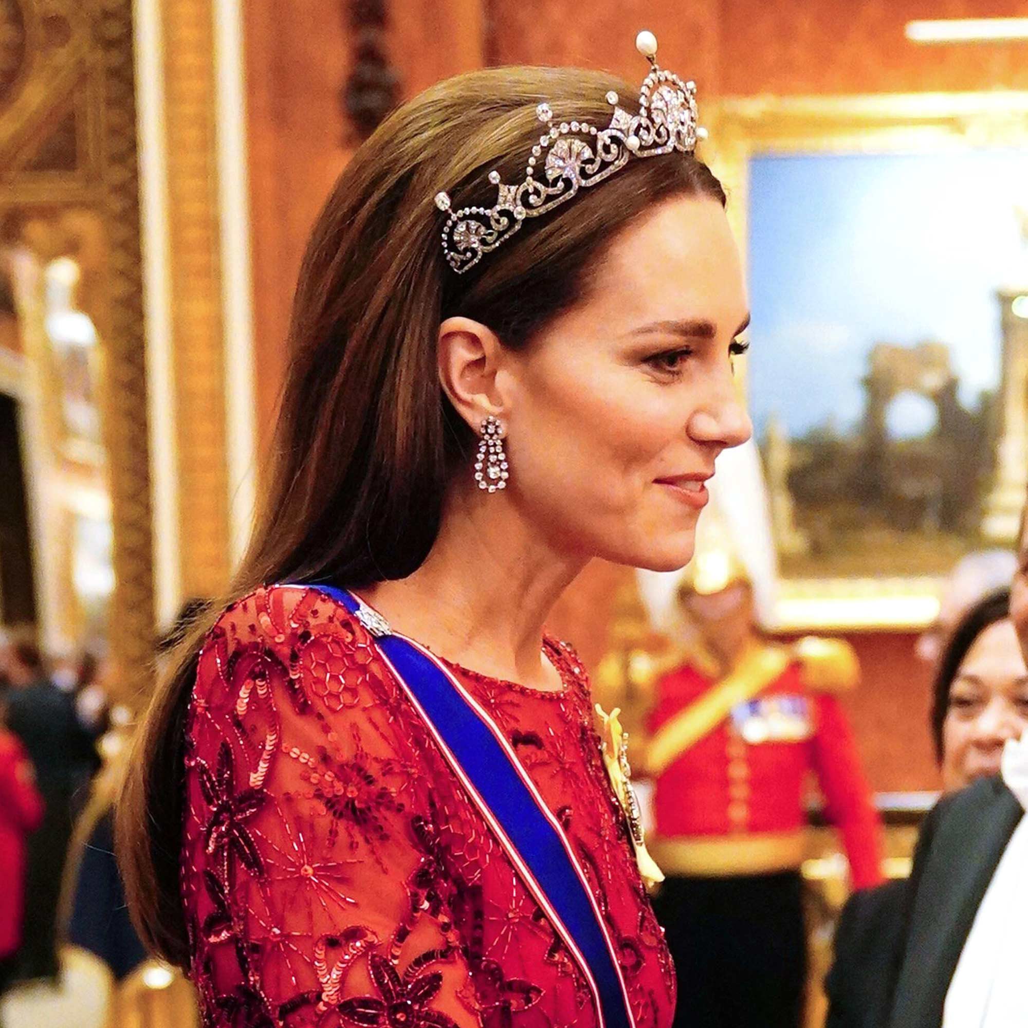 Kate Middleton The Princess of Wales wore the Lotus Flower Tiara made by Garrard during a Diplomatic Corps reception at Buckingham Palace in London square