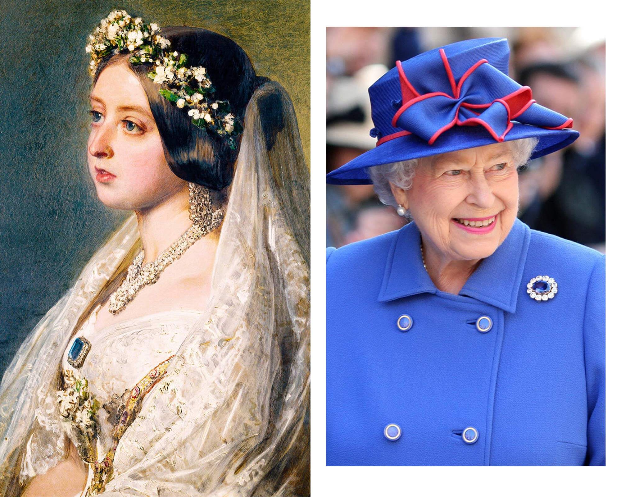 Royal Jewels made by Garrard Queen Victoria’s Sapphire Cluster Brooch A painting of Queen Victoria and a photo of Queen Elizabeth II