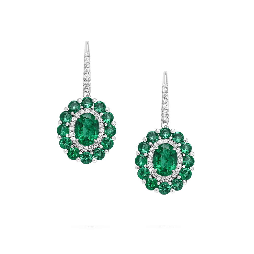 Garrard 1735 jewellery colelction Double Colour Cluster Emerald Drop Earrings In Platinum with Diamonds JE17PT20