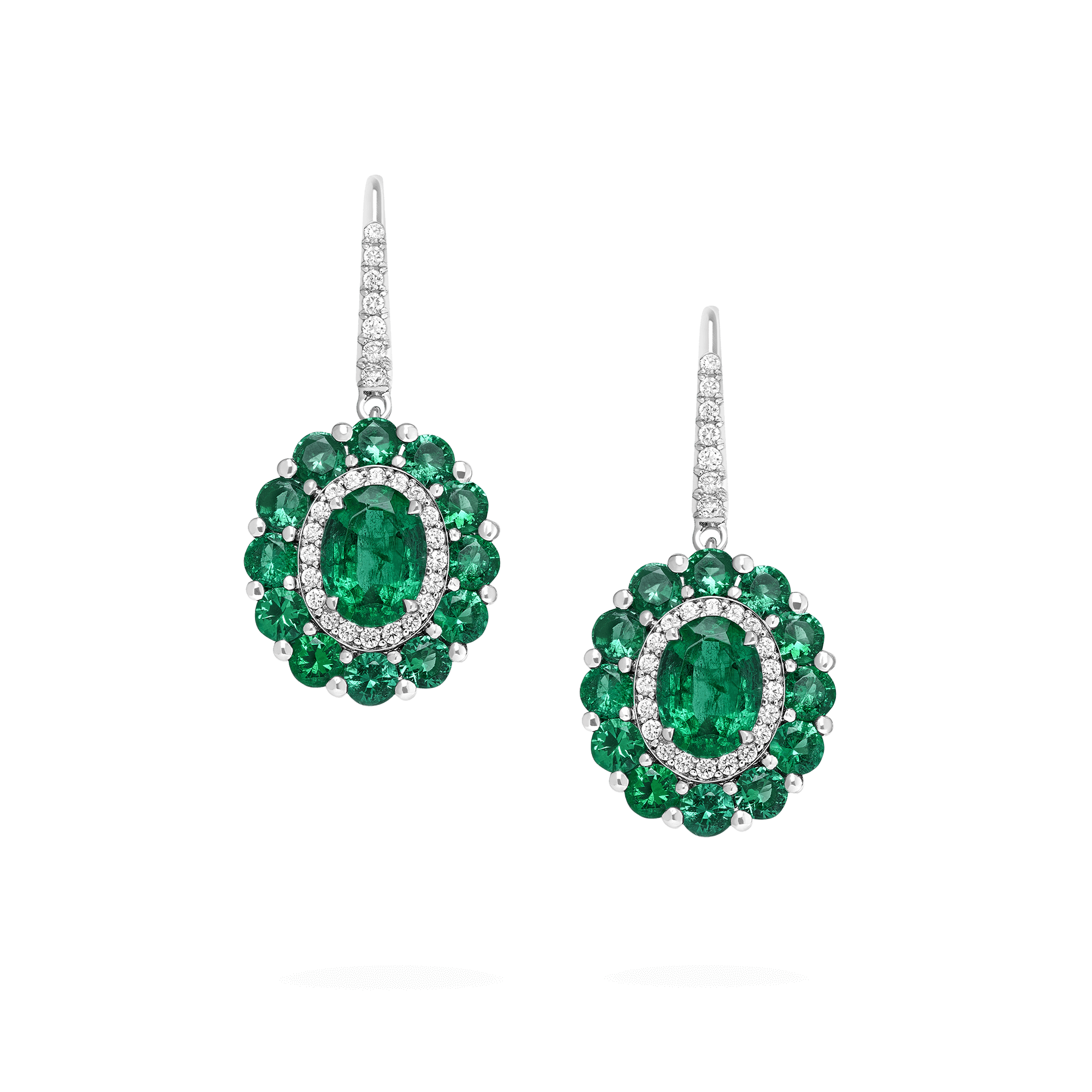 Garrard 1735 jewellery colelction Double Colour Cluster Emerald Drop Earrings In Platinum with Diamonds JE17PT20