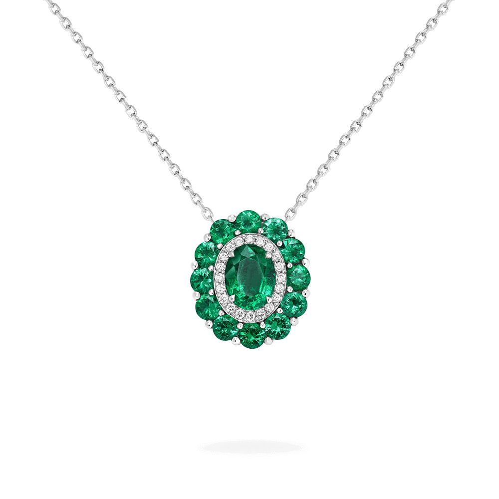 Garrard 1735 jewellery colelction Double Colour Cluster Emerald Pendant In Platinum with Diamonds JP17PT13