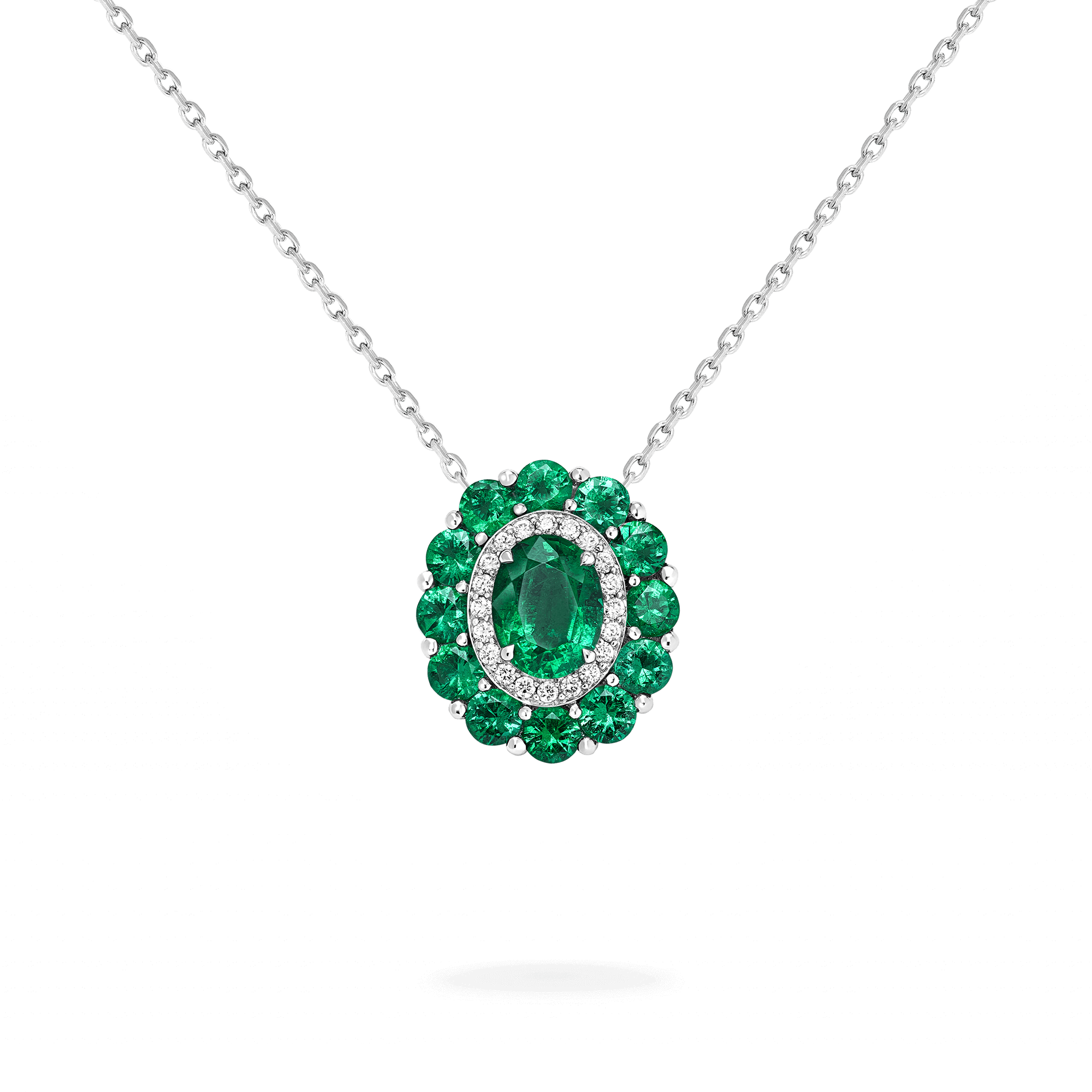 Garrard 1735 jewellery colelction Double Colour Cluster Emerald Pendant In Platinum with Diamonds JP17PT13