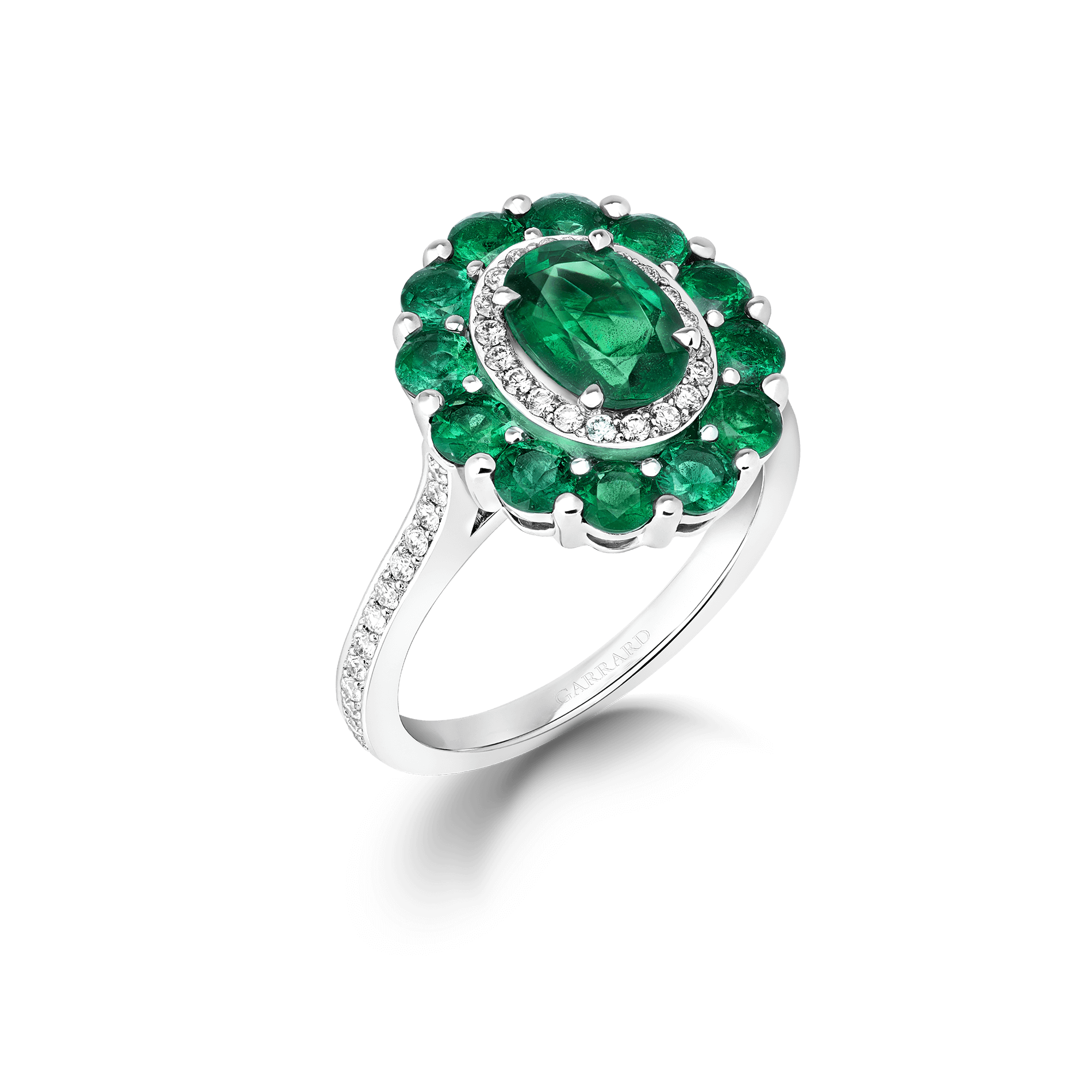 Garrard 1735 jewellery colelction Double Colour Cluster Emerald Ring In Platinum with Diamonds JR17PT17