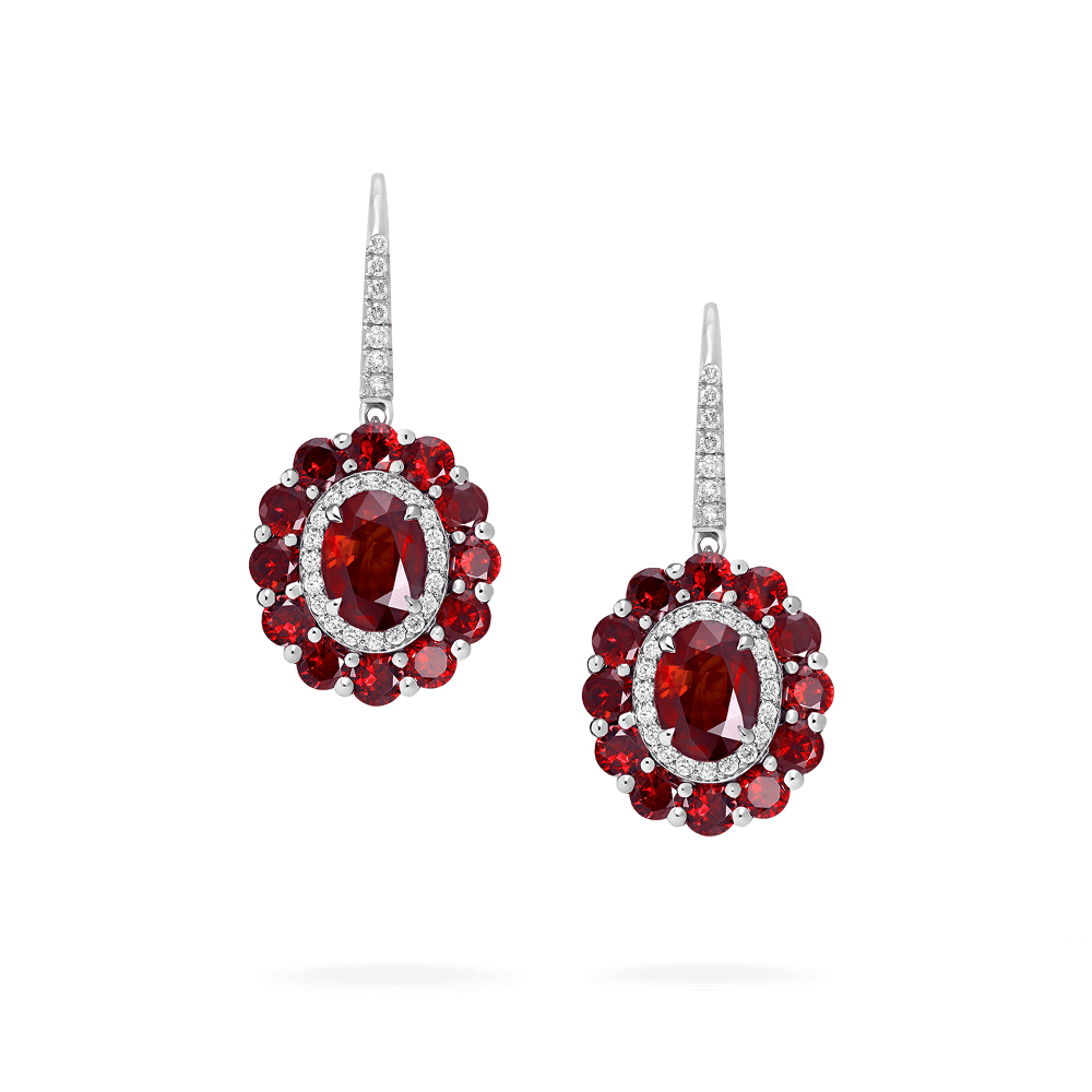 Garrard 1735 jewellery colelction Double Colour Cluster Ruby Drop Earrings In Platinum with Diamonds JE17PT21 1