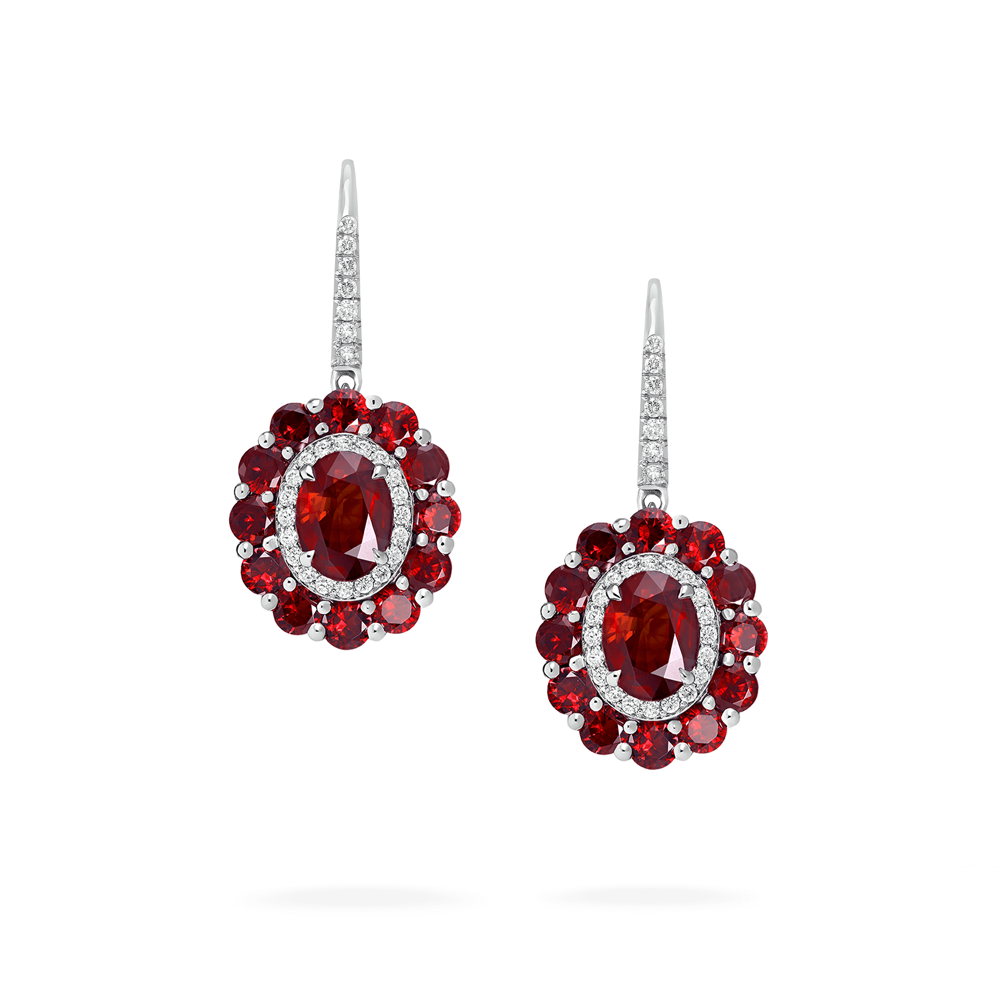 Garrard 1735 jewellery colelction Double Colour Cluster Ruby Drop Earrings In Platinum with Diamonds JE17PT21 1