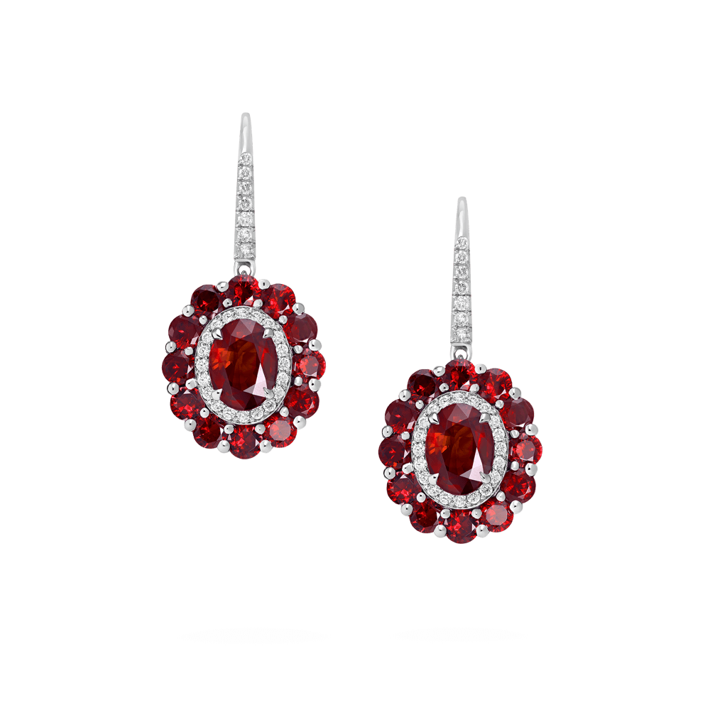 Garrard 1735 jewellery colelction Double Colour Cluster Ruby Drop Earrings In Platinum with Diamonds JE17PT21