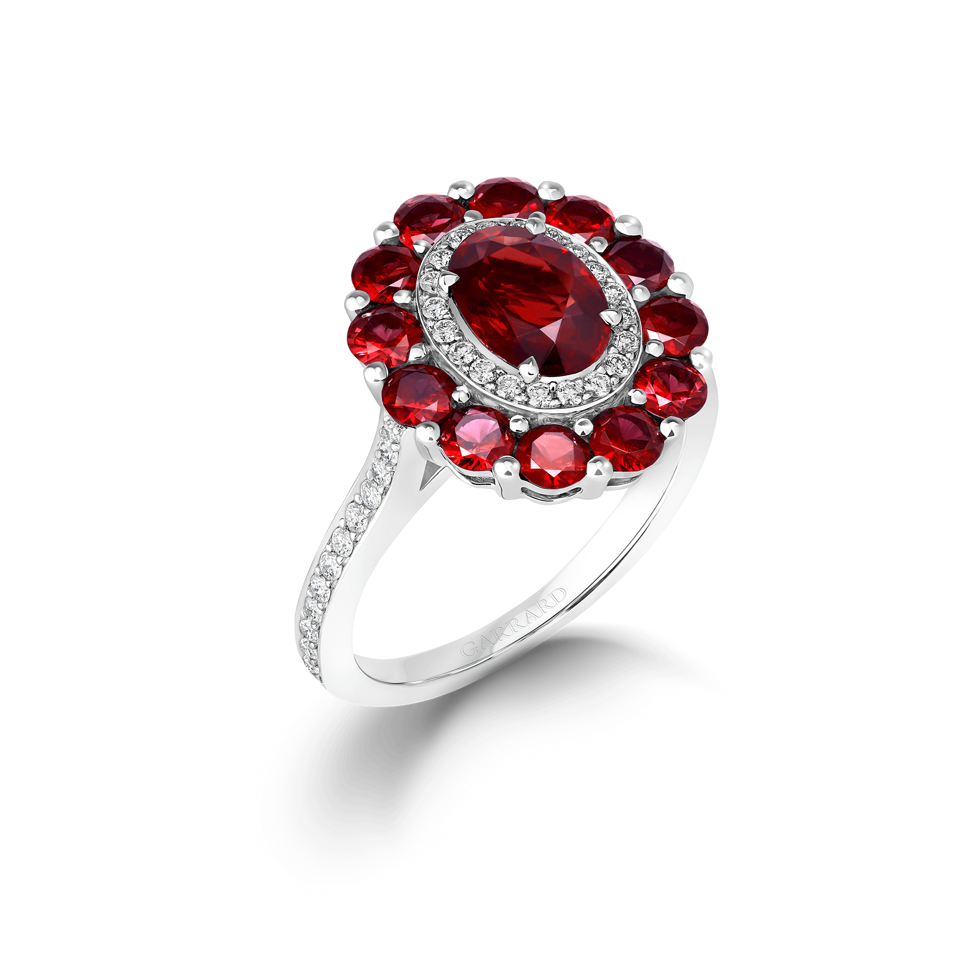 Garrard 1735 jewellery colelction Double Colour Cluster Ruby Ring In Platinum with Diamonds JR17PT18