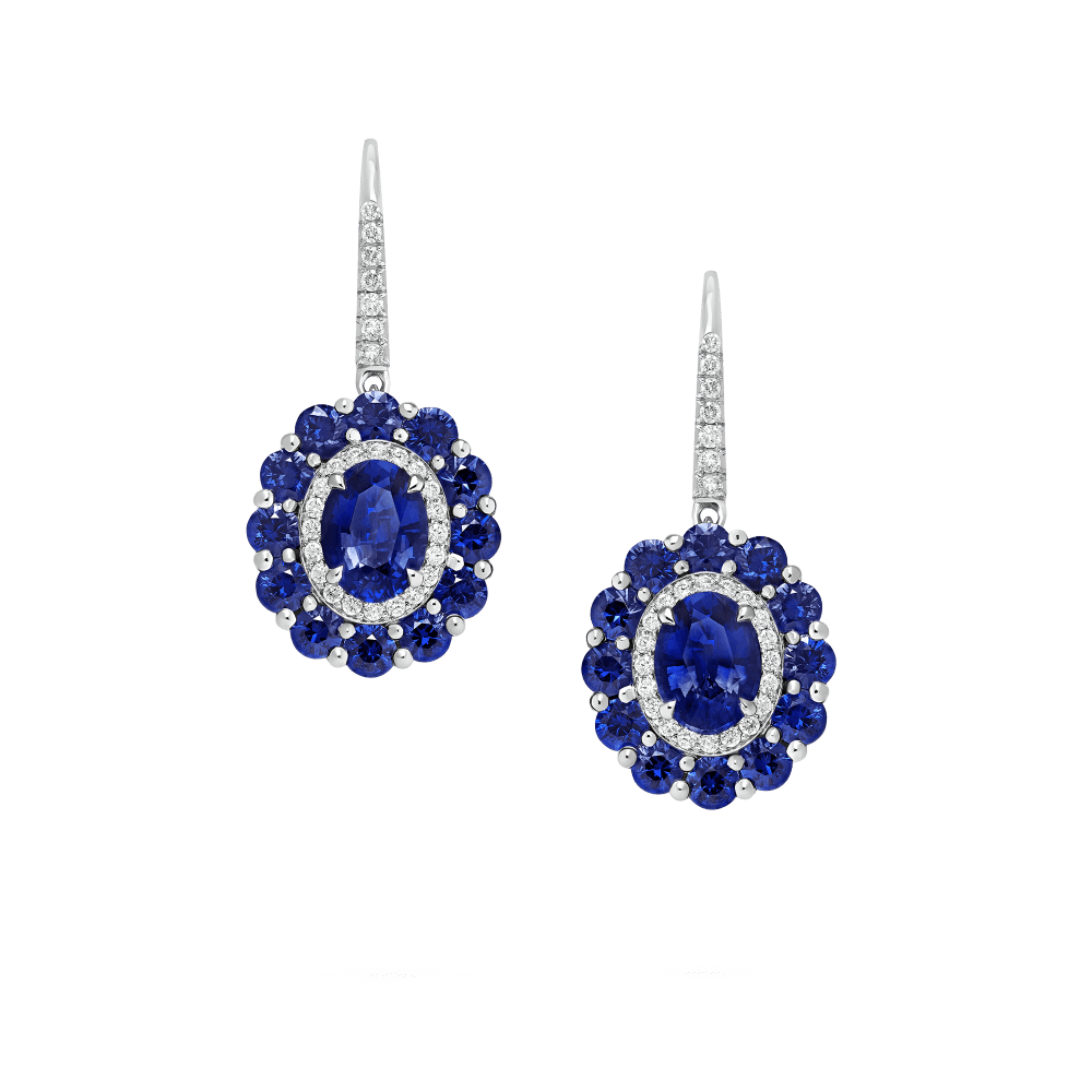 Garrard 1735 jewellery colelction Double Colour Cluster Sapphire Drop Earrings In Platinum with Diamonds JE17PT22