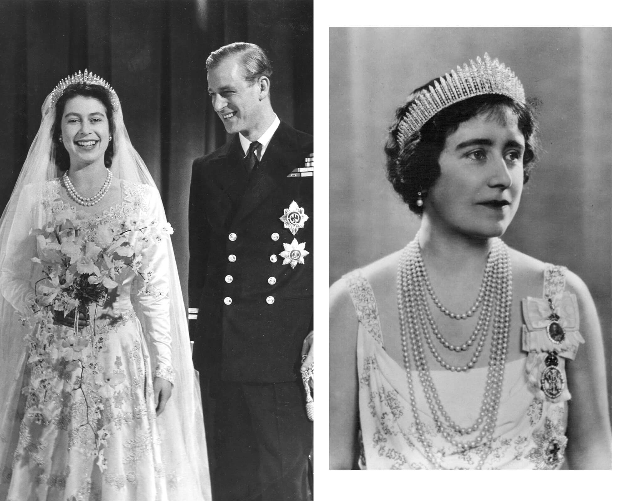 Royal Jewels made by Garrard Queen Mary’s Fringe Tiara  Princess Elizabeth (Queen Elizabeth II) and Prince Philip after the wedding, Queen Mother