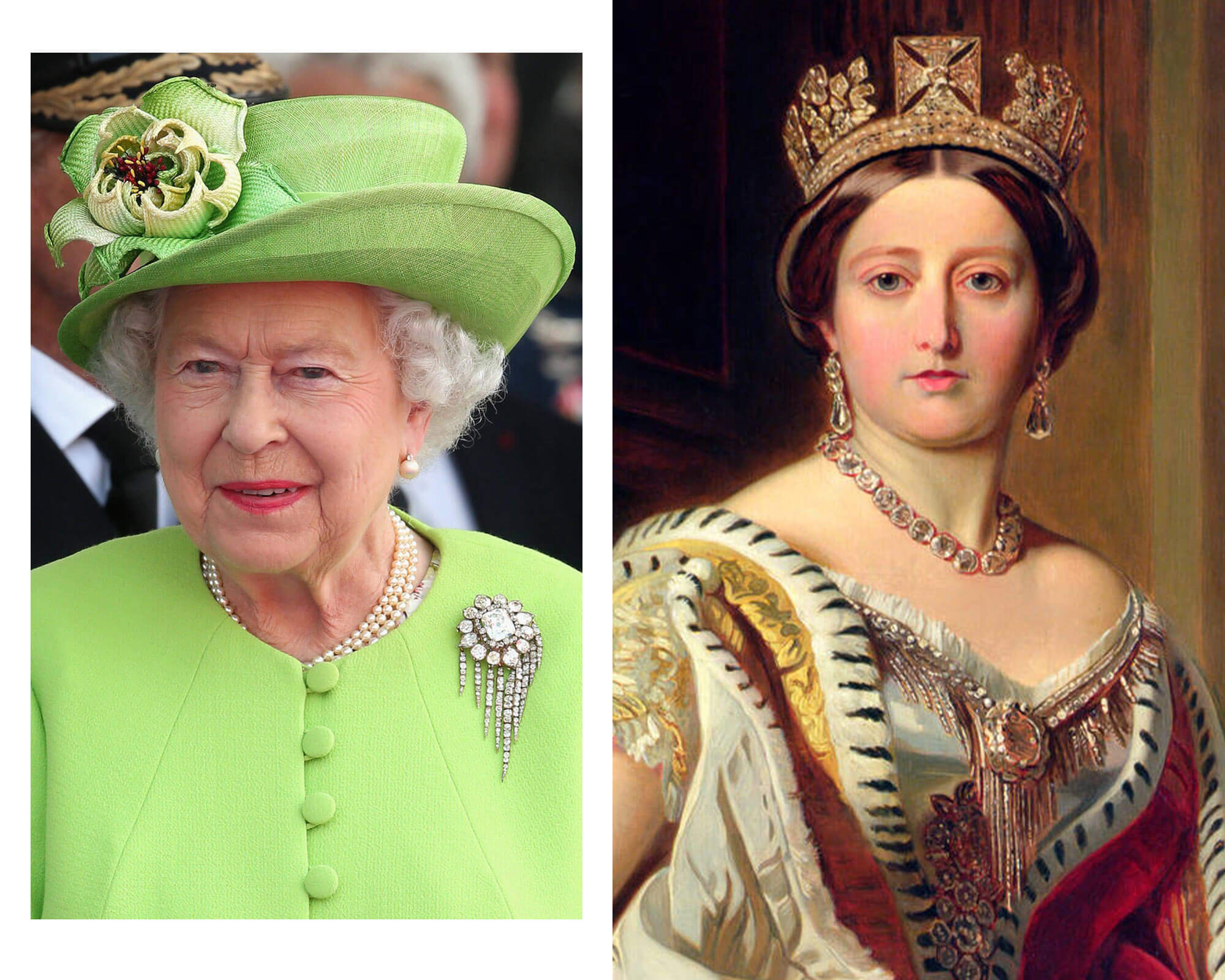 Royal Jewels made by Garrard Queen Victoria’s Diamond Fringe Brooch A photo of Queen Elizabeth II and a painting of Queen Victoria