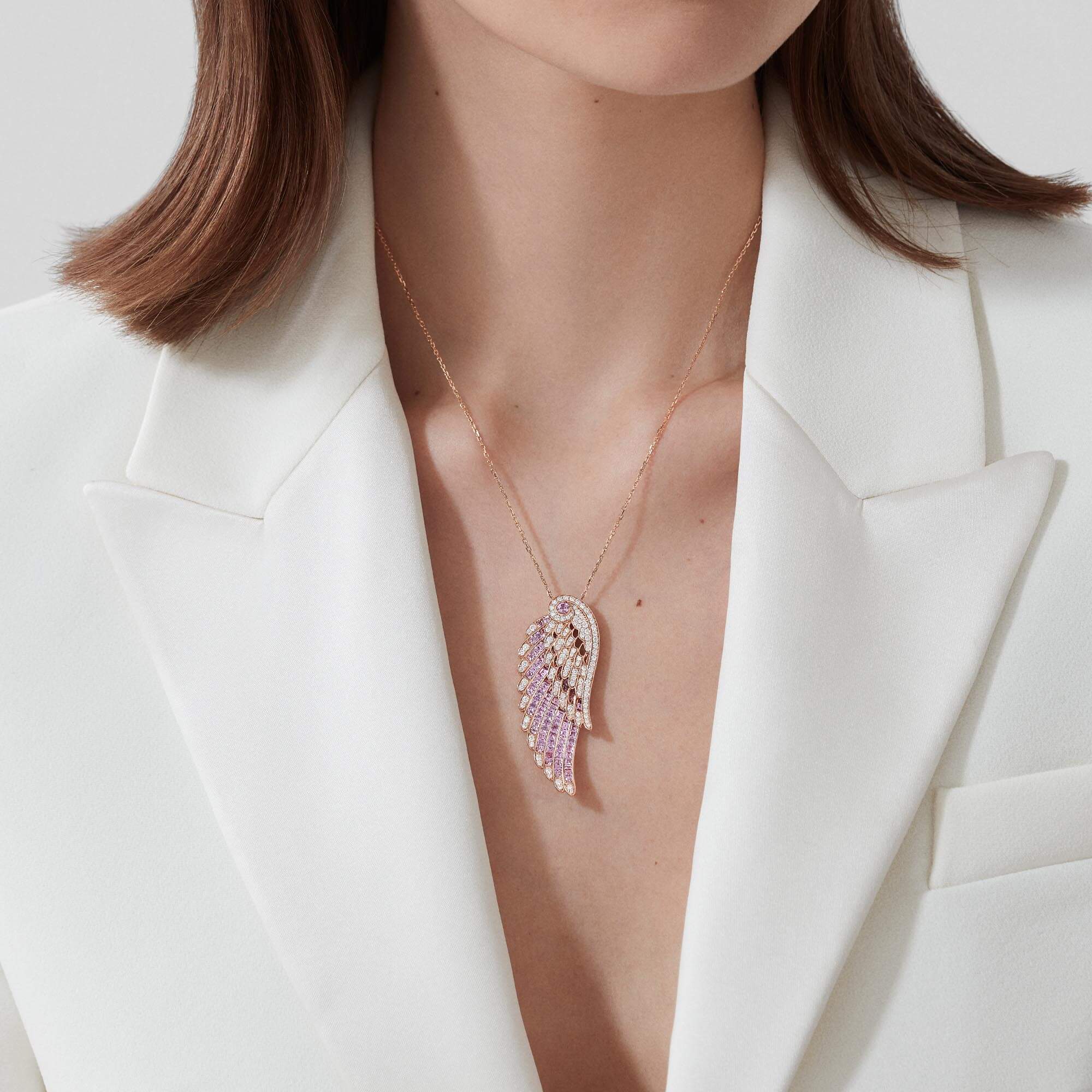 0068 Garrard Wings Embrace Pink Sapphire and Diamond Slider Pendant In 18ct Rose Gold 2016647 Model