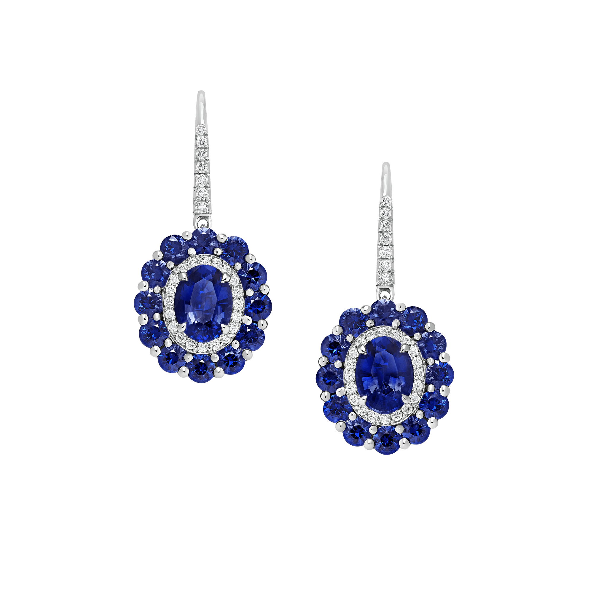 Garrard 1735 jewellery colelction Double Colour Cluster Sapphire Drop Earrings In Platinum with Diamonds JE17PT22