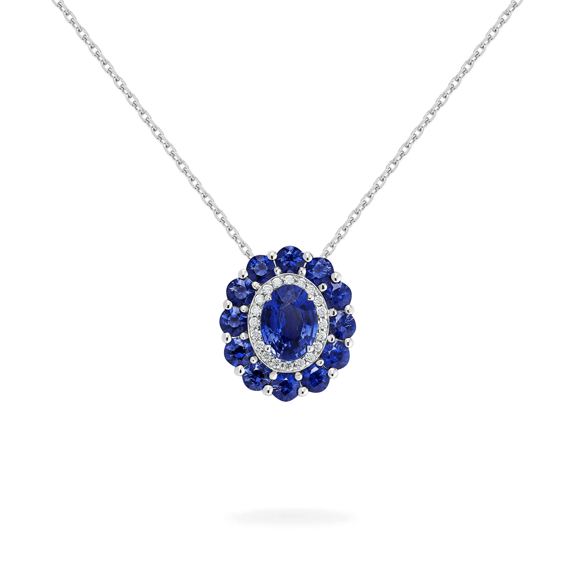 Garrard 1735 jewellery colelction Double Colour Cluster Sapphire Pendant In Platinum with Diamonds JP17PT15