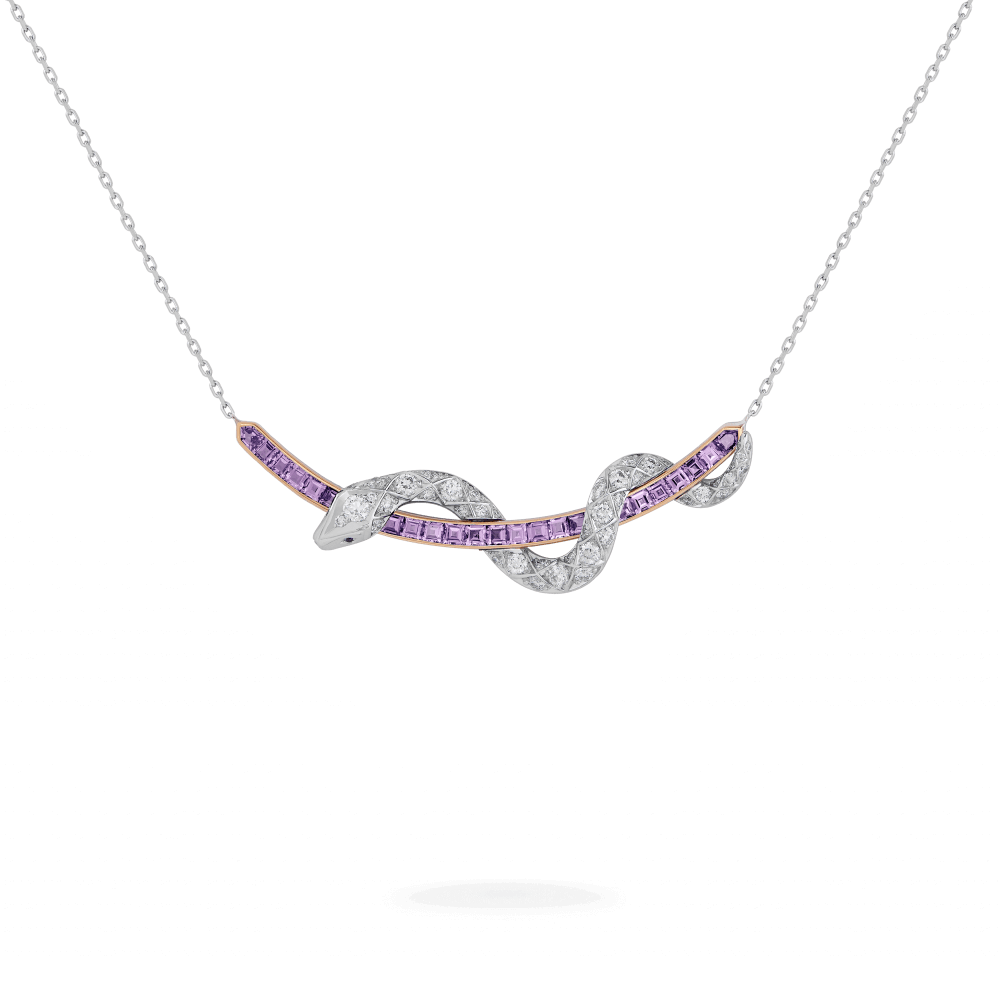 Garrard Enchanted Palace Jewellery Collection Serpent Purple Sapphire and Diamond Pendant | In 18ct White Gold with Blue Sapphires 2016021