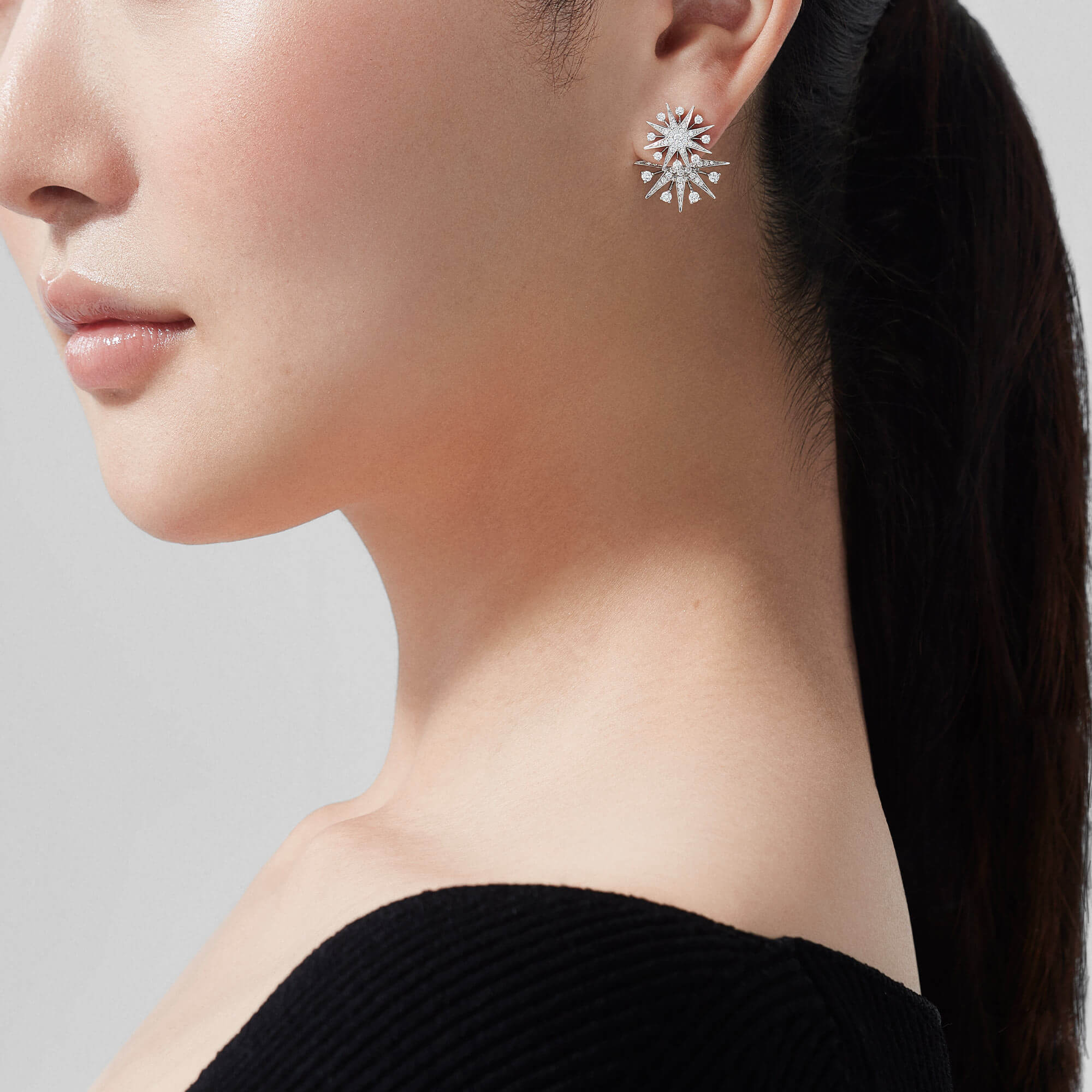 Garrard Starlight Jewellery Collection Diamond Jacket Earrings In 18ct White Gold 2019152 model.jpg