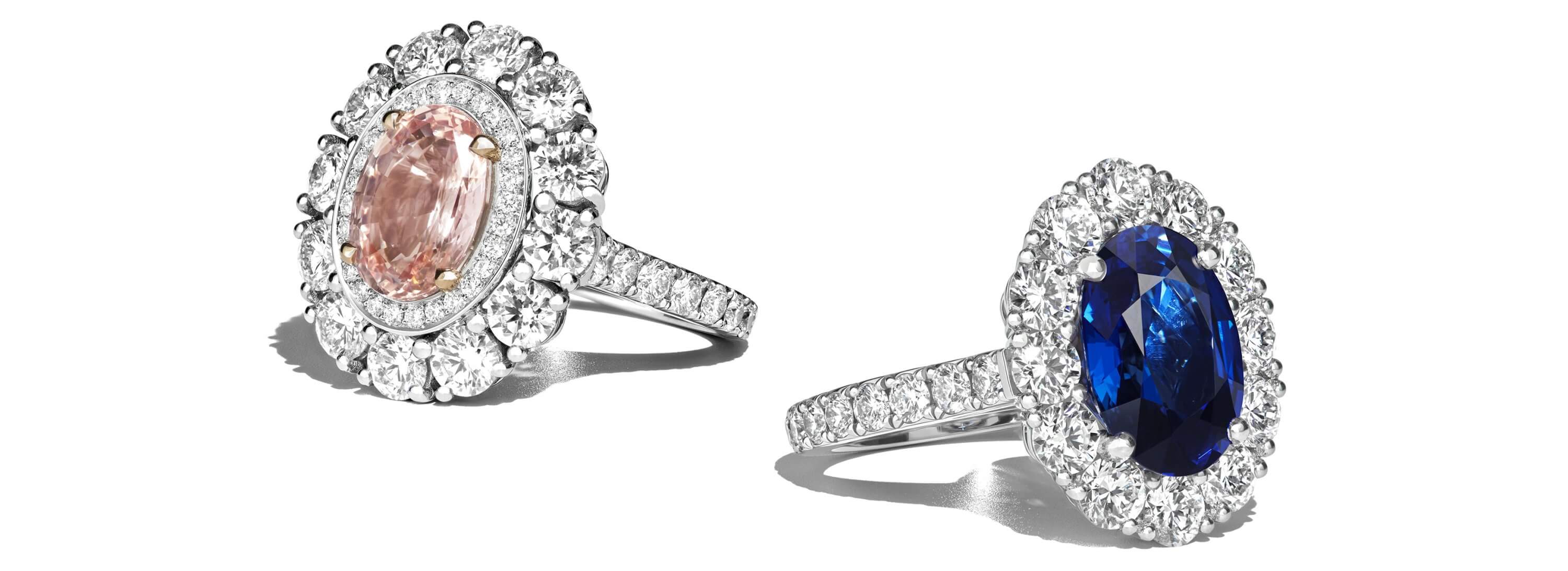 Two Garrard unique engagement rings, set with extraordinary sapphire and padparadscha sapphire from Jewelled Vault desktop