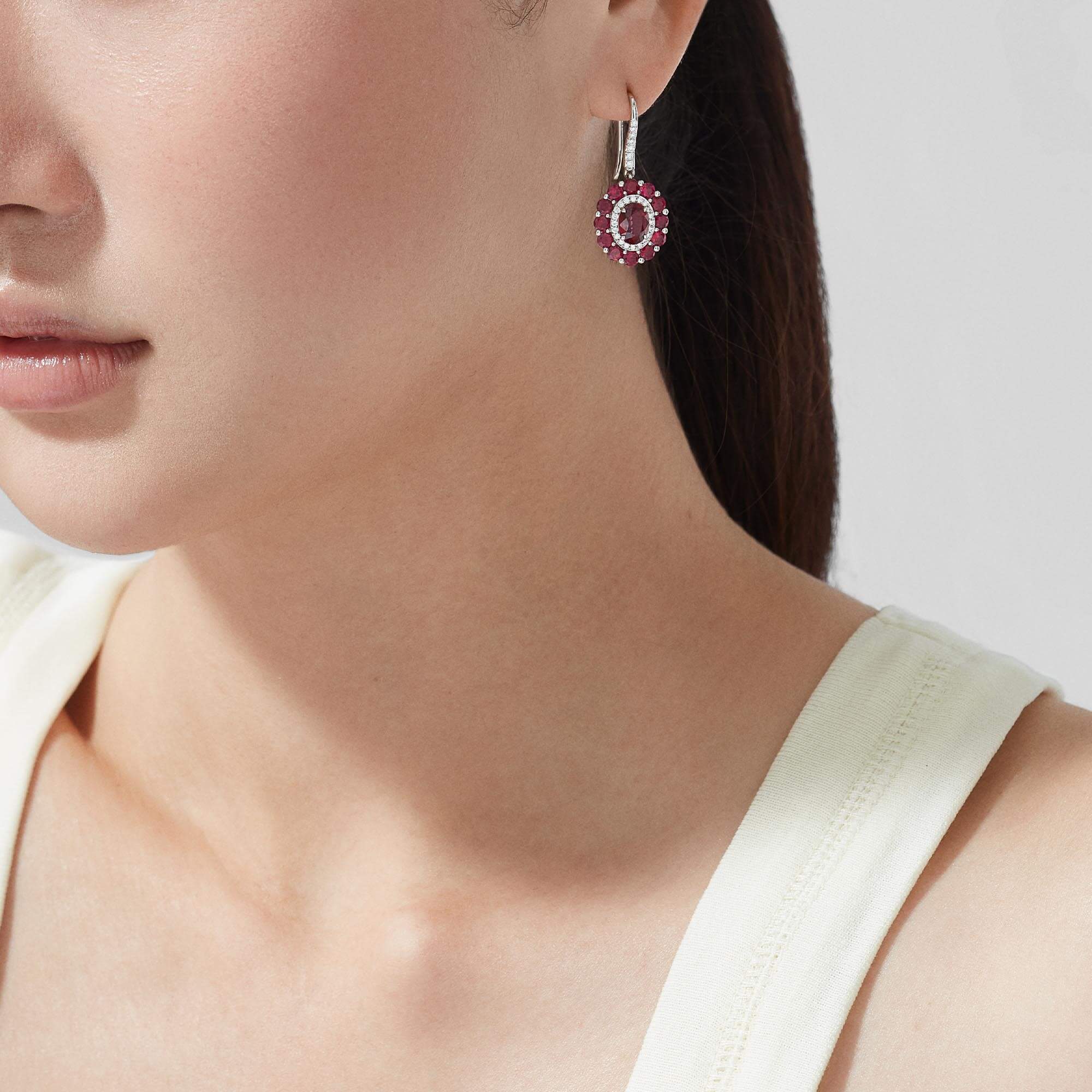 Garrard 1735 jewellery colelction Double Colour Cluster Ruby Drop Earrings In Platinum with Diamonds, JE17PT21 1, Model