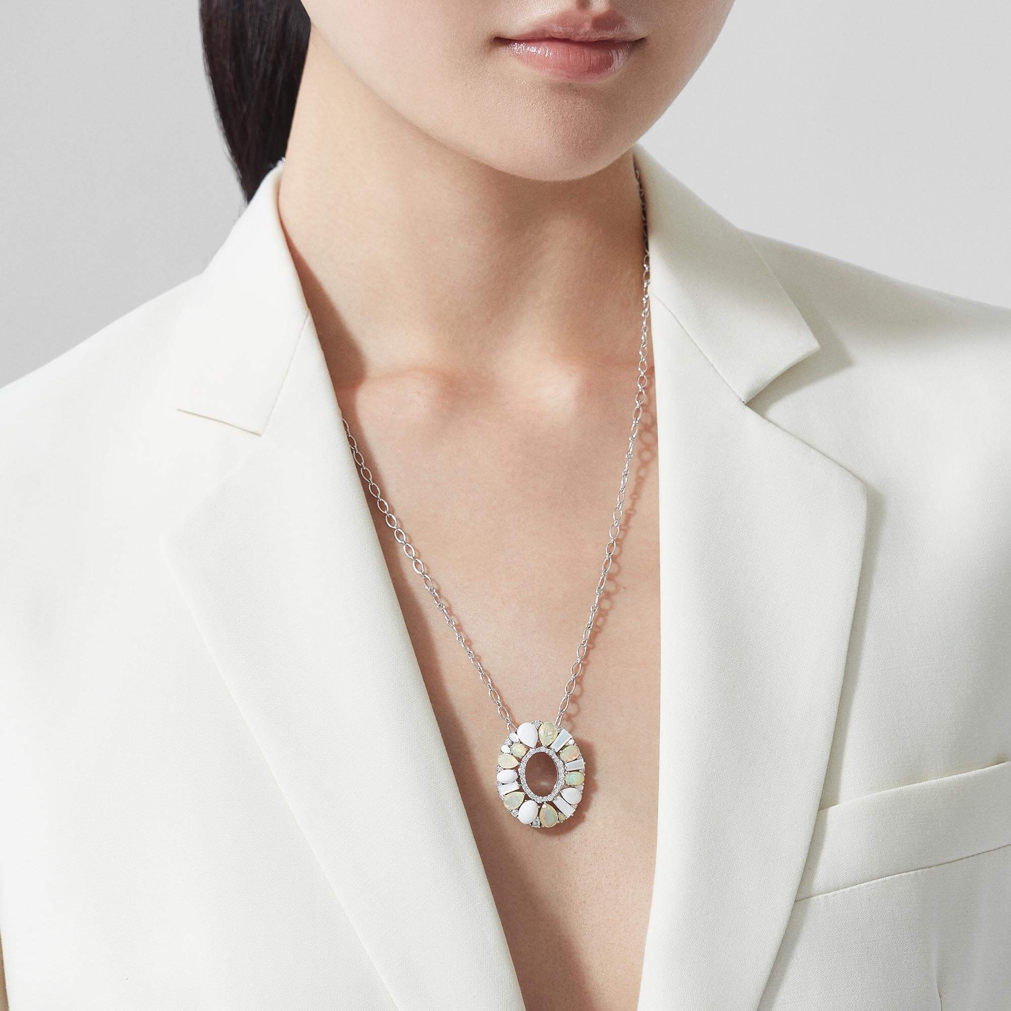 Garrard Blaze Jewellery Collection white diamonds, white opal, white agate and white mother of pearl pendant in 18ct white gold, 2017648, Model