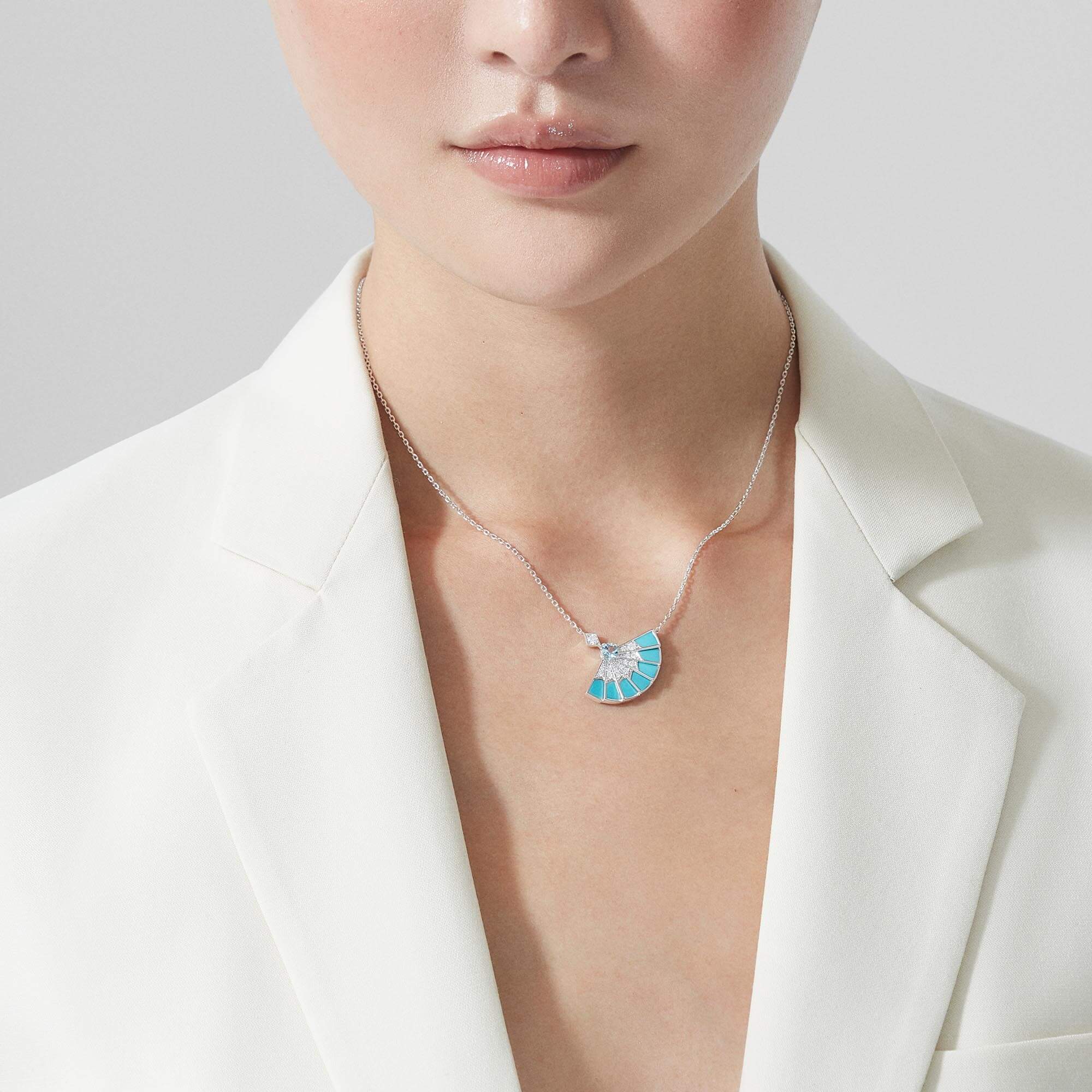 Garrard Fanfare Jewellery Collection Symphony Aquamarine and Turquoise Pendant In 18ct White Gold with Diamonds 2017306, Model