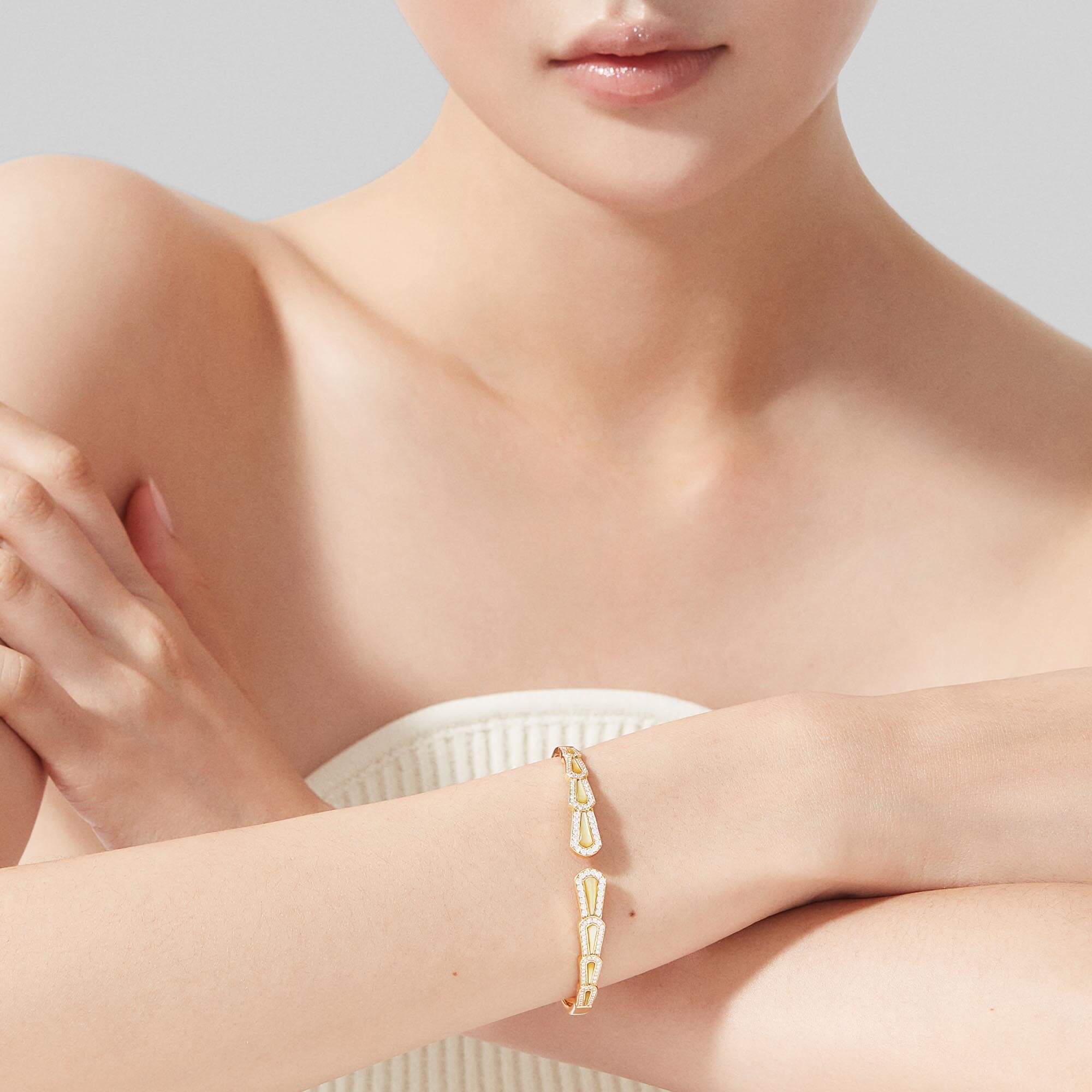 Garrard Fanfare Jewellery Collection Symphony Diamond and Golden Mother of Pearl Bangle In 18ct Yellow Gold 2018725, 2018726, 2018727, Model