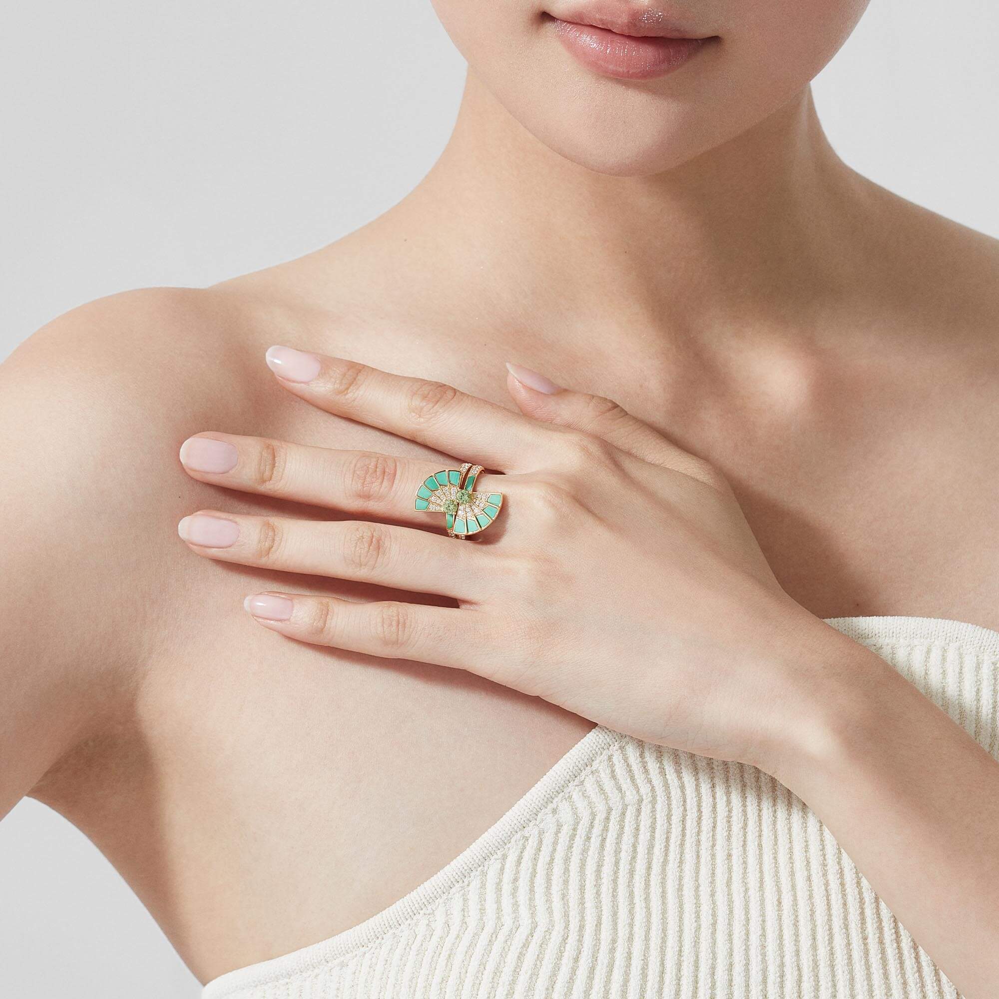 Garrard Fanfare Jewellery Collection Symphony Double Tsavorite and Apple Malachite Ring In 18ct Yellow Gold with Diamonds, 2018720, Model