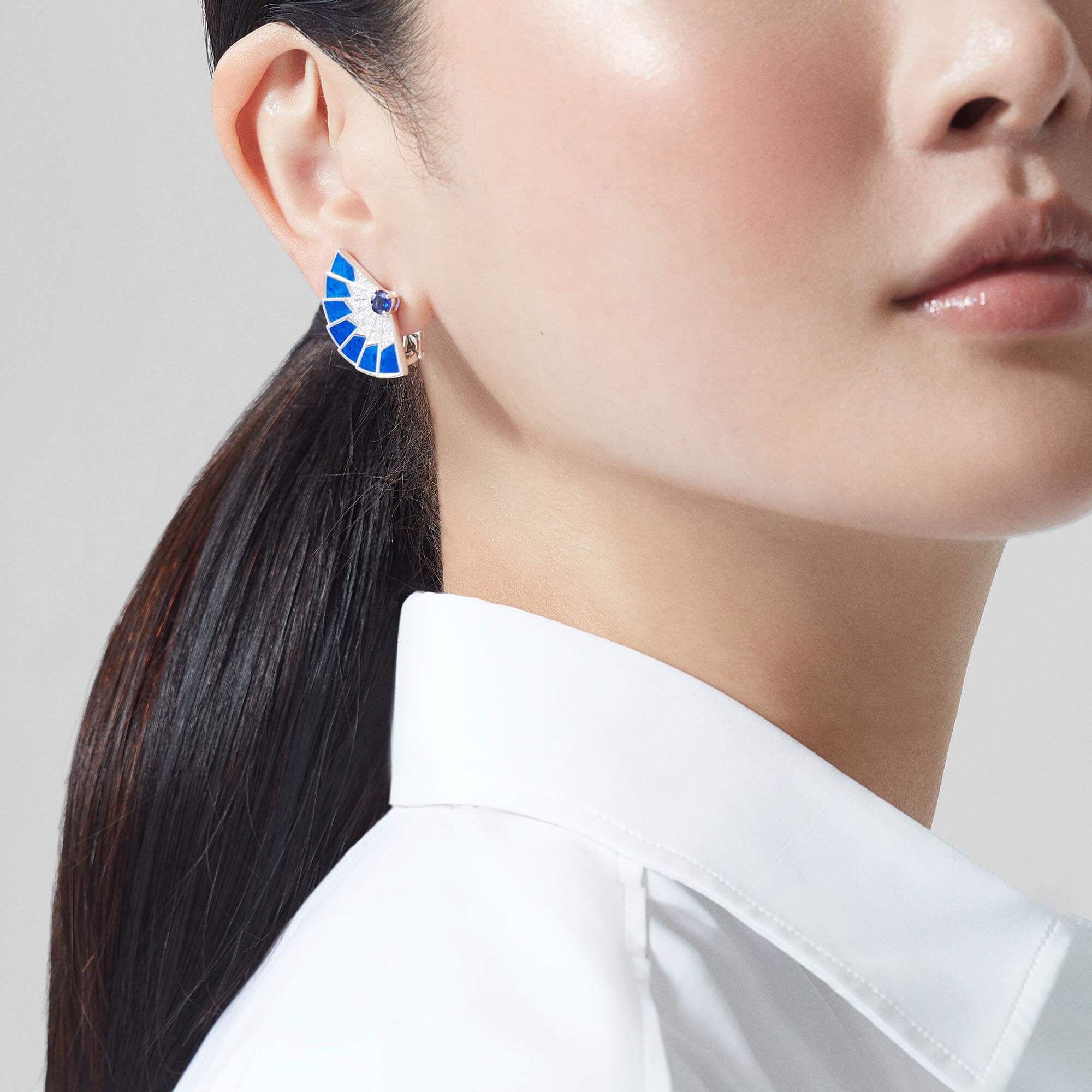 Garrard Fanfare Jewellery Collection Symphony Sapphire and Lapis Lazuli Earrings In 18ct White Gold with Diamonds, 2017334, Model