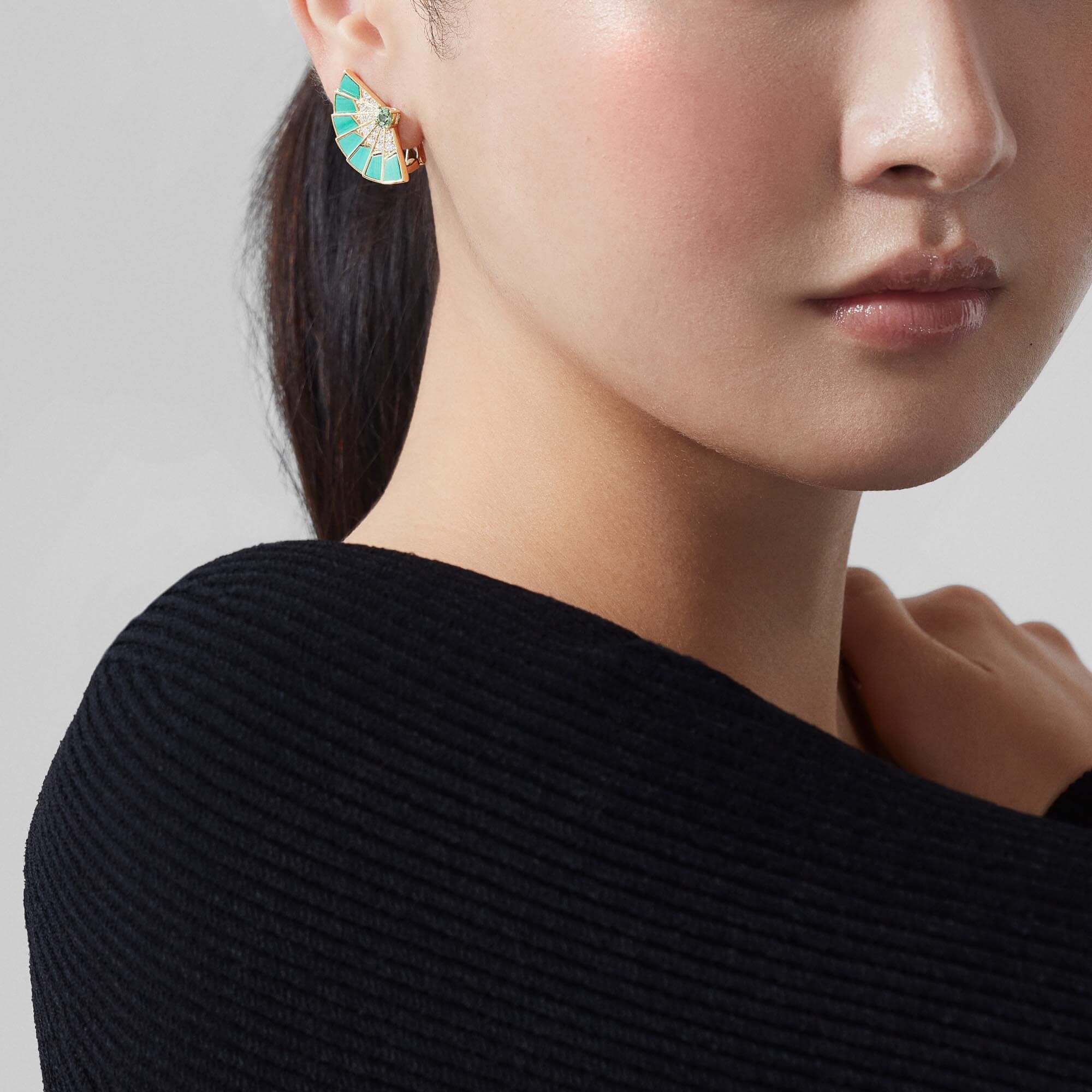 Garrard Fanfare Jewellery Collection Symphony Tsavorite and Apple Malachite Earrings In 18ct Yellow Gold with Diamonds, 2018712, Model