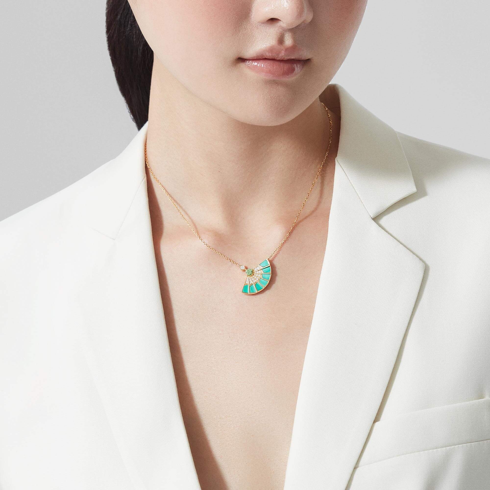 Garrard Fanfare Jewellery Collection Symphony Tsavorite and Apple Malachite Pendant In 18ct Yellow Gold with Diamonds, 2018708, Model