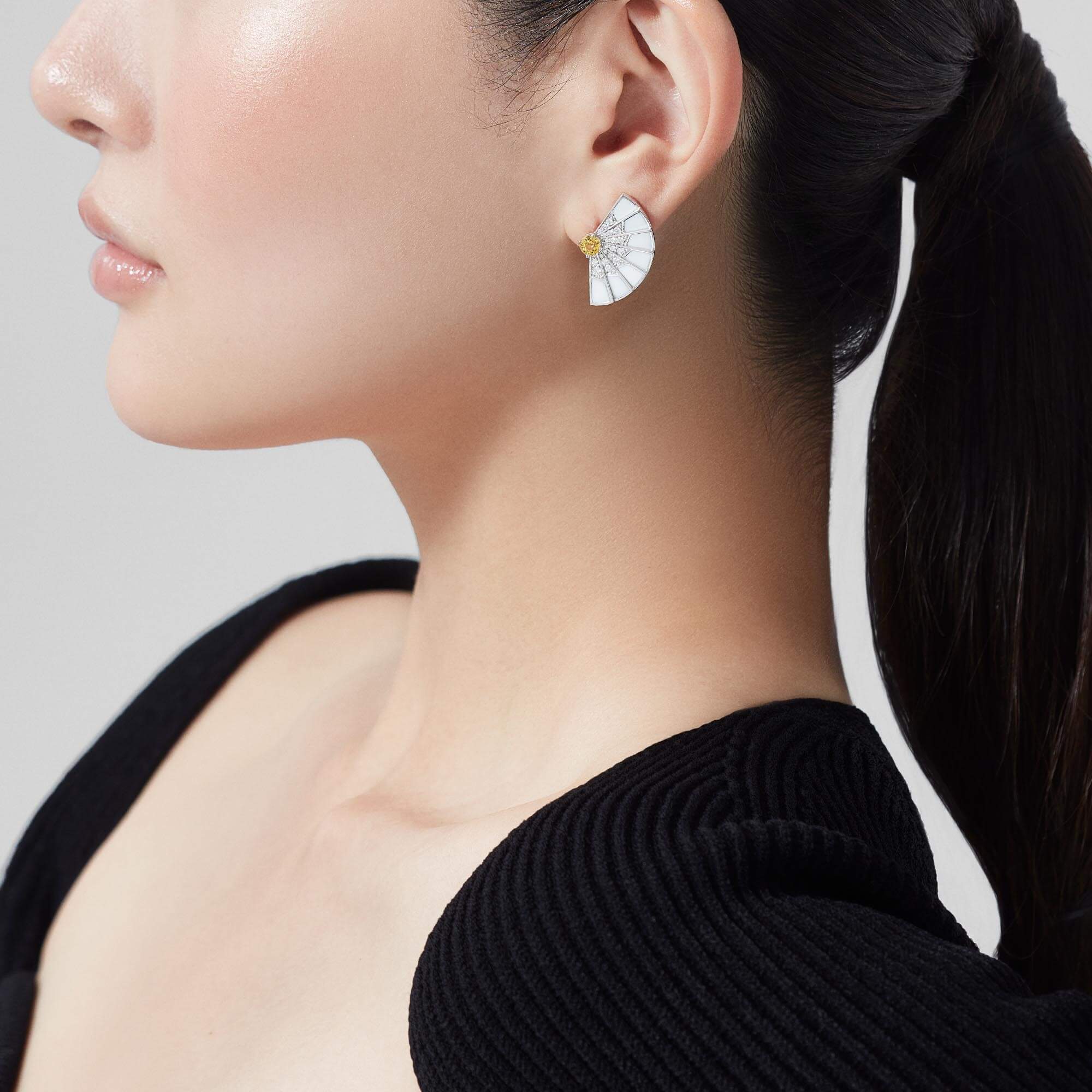 Garrard Fanfare Jewellery Collection Symphony Yellow Sapphire and White Agate Earrings in 18ct White Gold with Diamonds, 2017333, Model