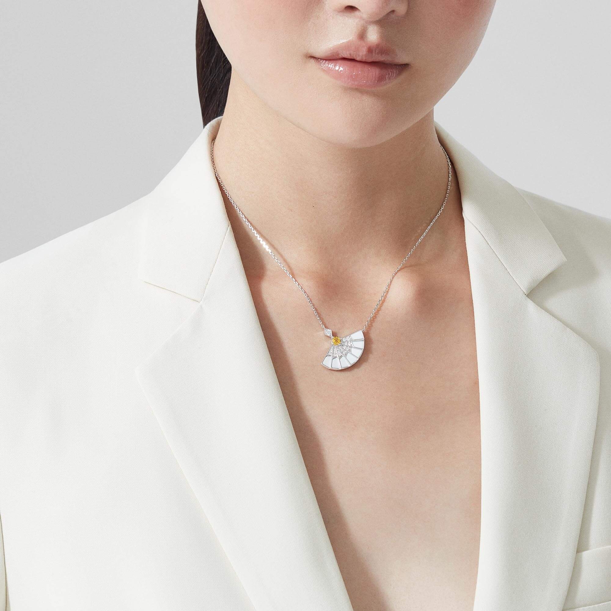 Garrard Fanfare Jewellery Collection Symphony Yellow Sapphire and White Agate Pendant in 18ct White Gold with Diamonds, 2017337, Model