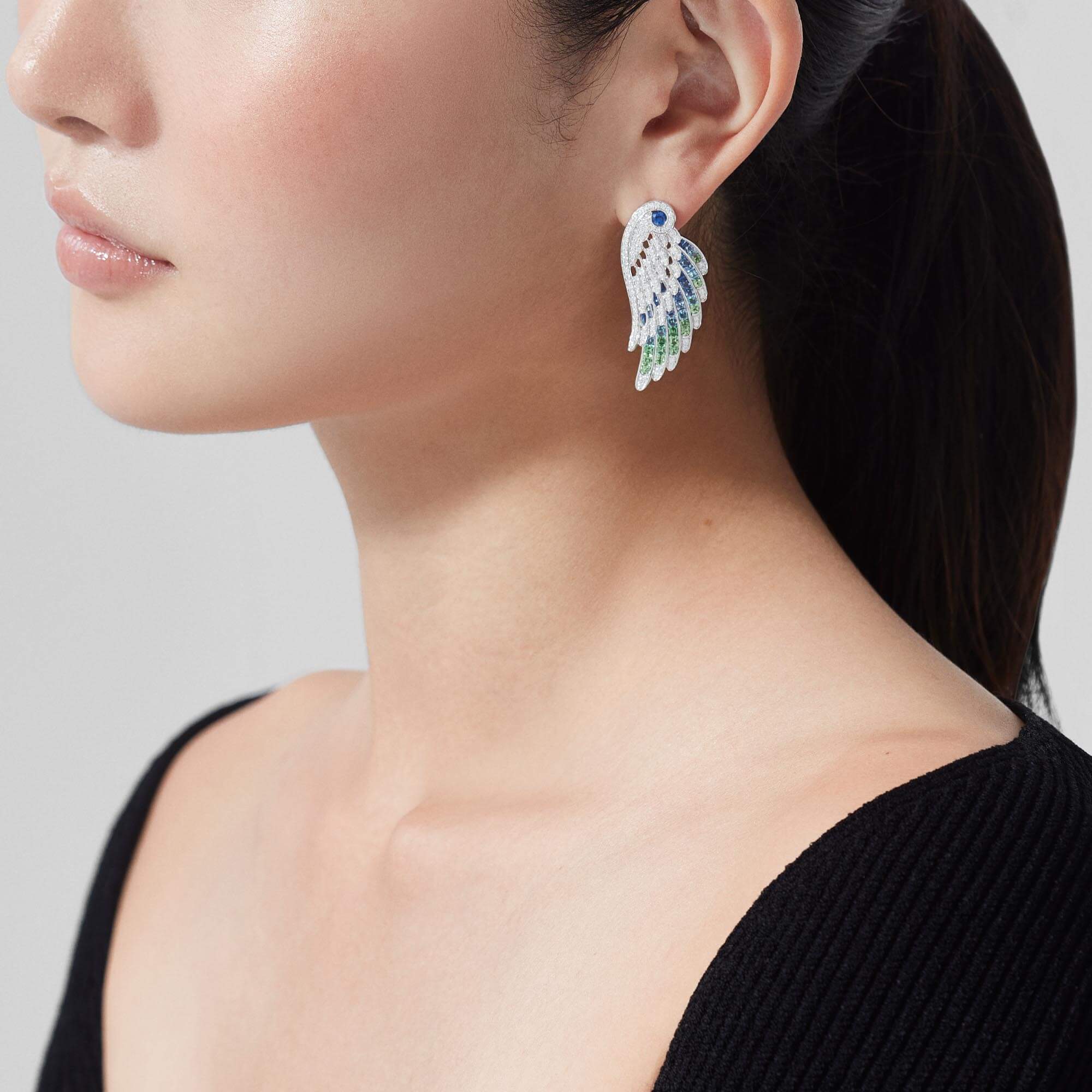 Garrard Wings Jewellery Collection Embrace Peacock Ear Jackets with diamonds, Sapphires, Tsavorites and Aquamarines, 2017611, Model