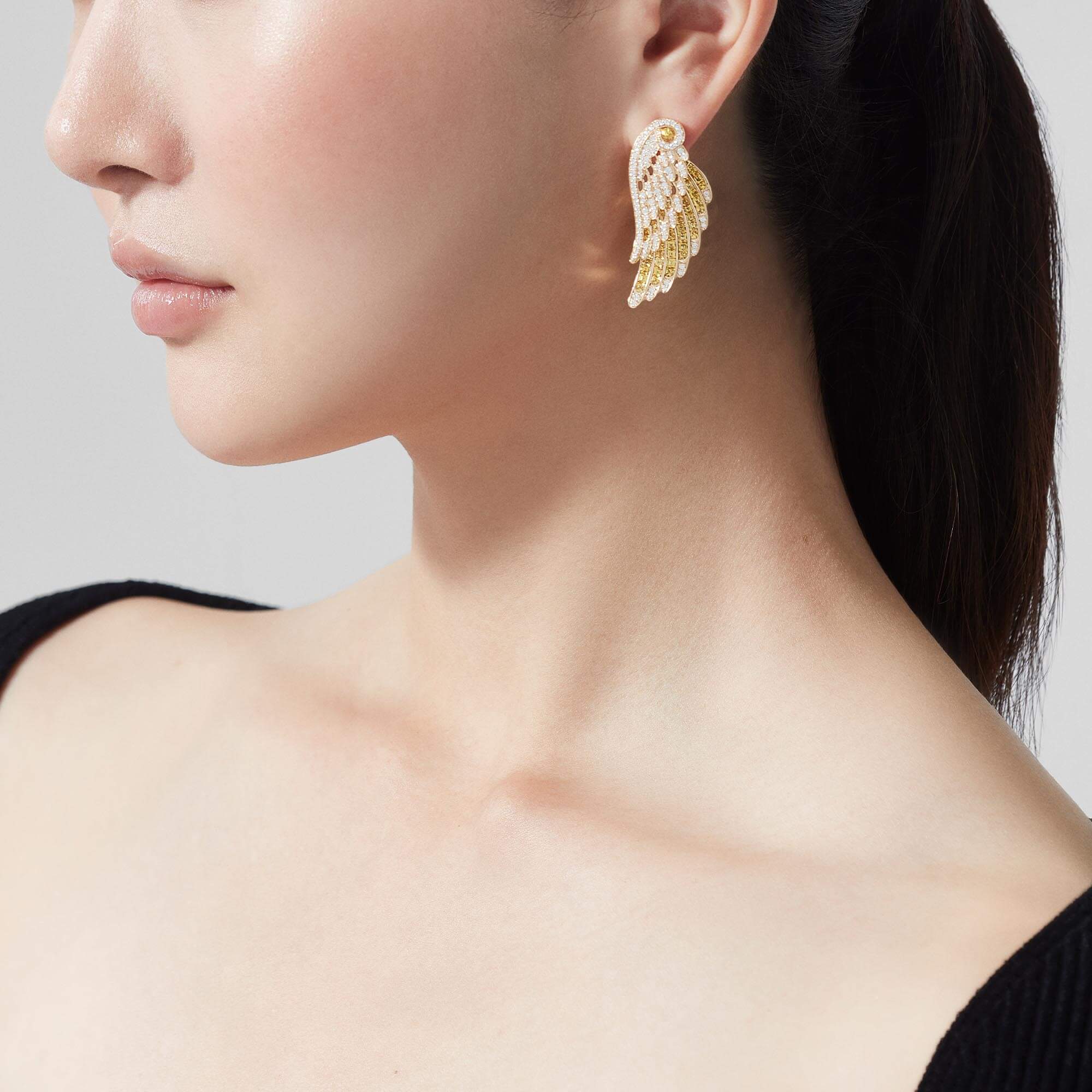 Garrard Wings Jewellery Collection Embrace Yellow Sapphire and Diamond Ear Climbers In 18ct Yellow Gold, 2016645, Model