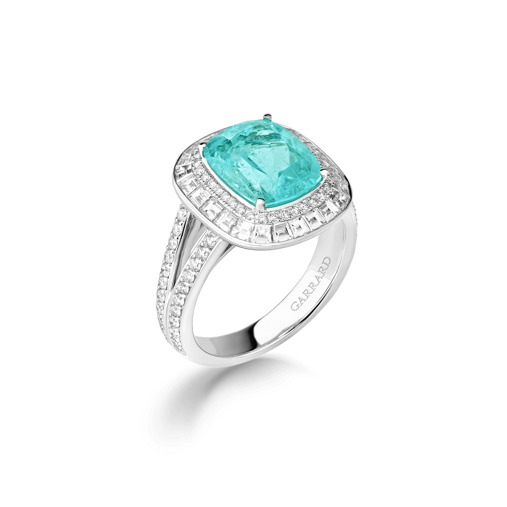 Garrard Jewelled Vault 4.02ct cushion cut Paraiba tourmaline and Diamond High Jewellery Ring, In 18ct White Gold, 2019029, Hero