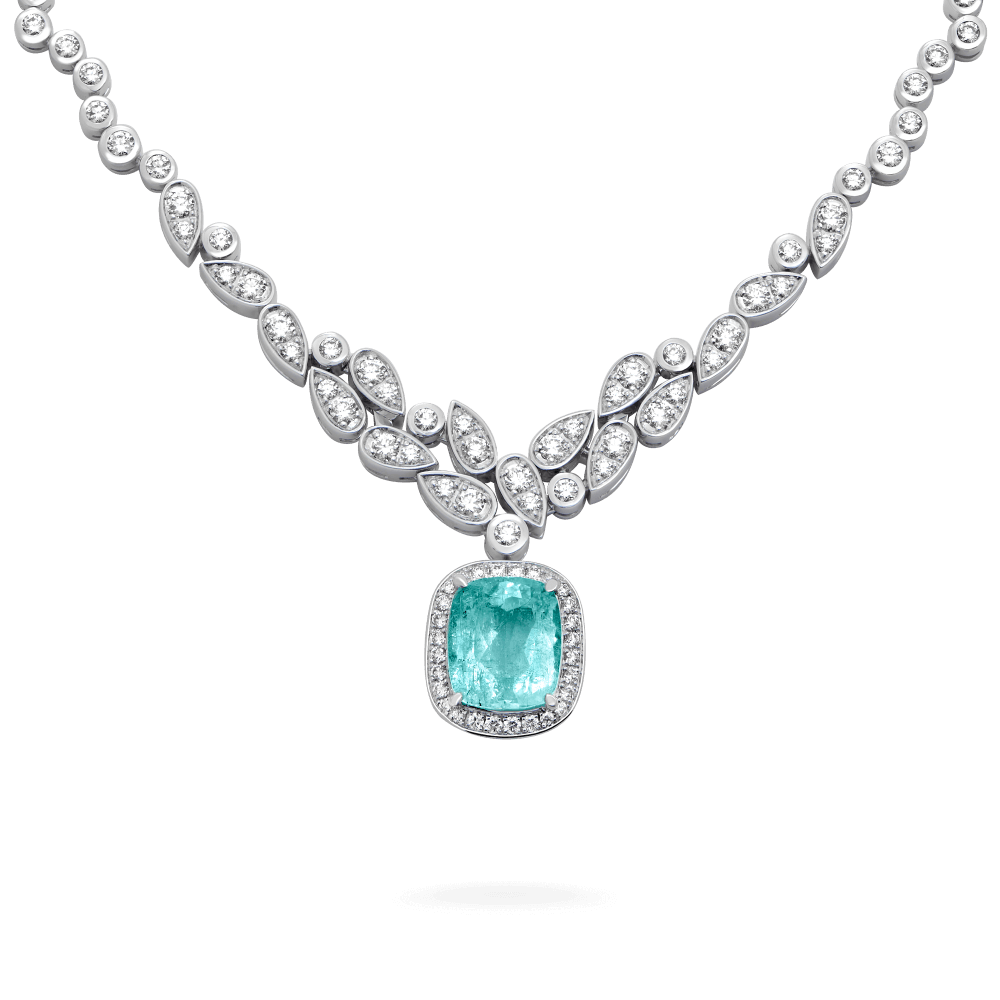 Garrard Jewelled Vault 4.22ct cushion cut Paraiba tourmaline and Diamond High Jewellery necklace, In 18ct White Gold, 2019028, Hero