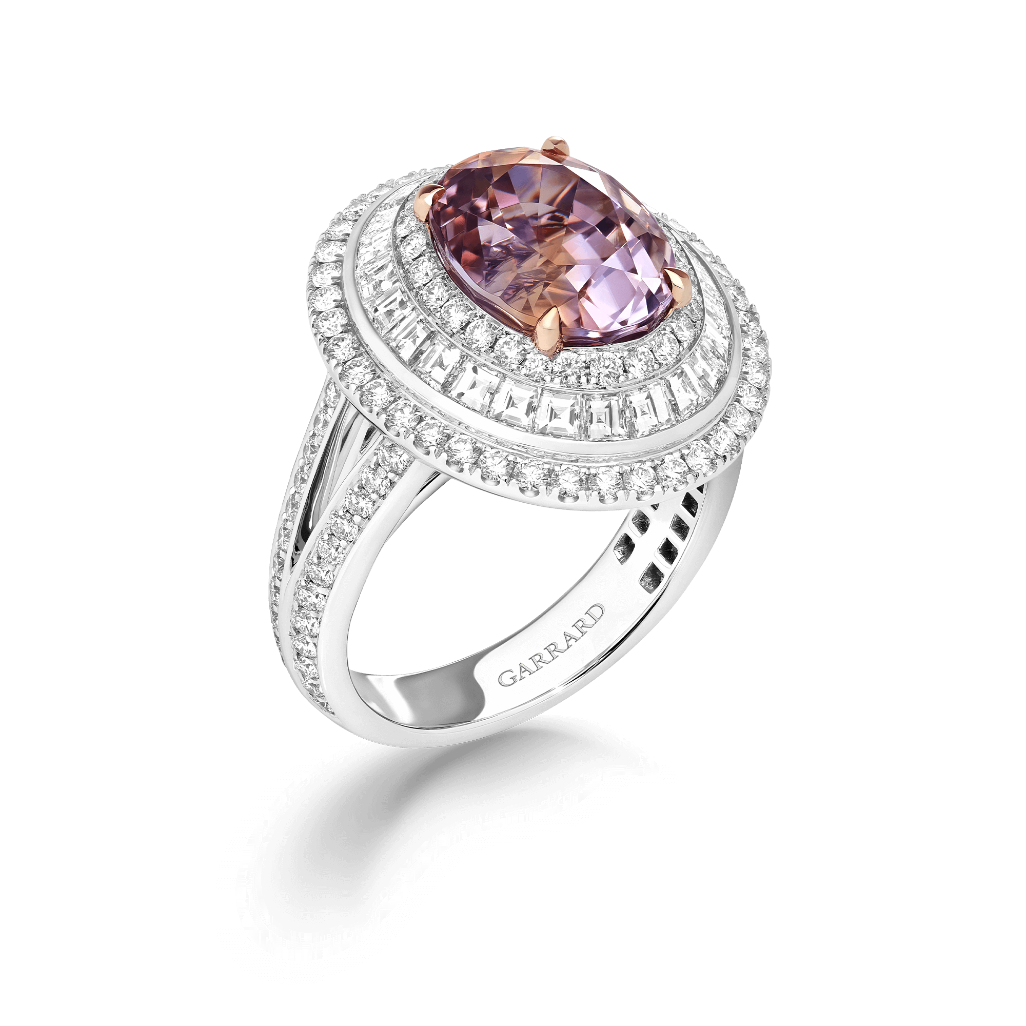 Garrard Jewelled Vault 7.44ct Oval Padparadscha Sapphire and Diamond Ring In 18ct White Gold, 2019211