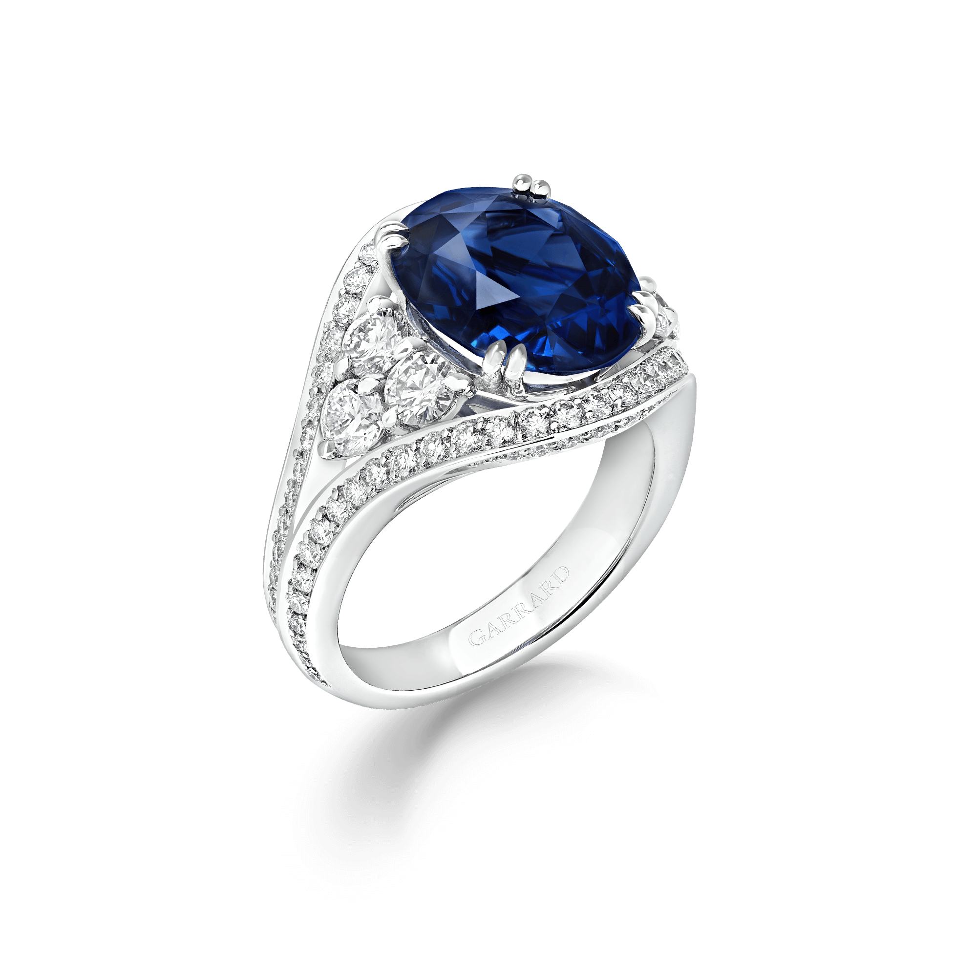 Garrard Jewelled Vault 8.08ct Oval Royal Blue Sapphire and Diamond High Jewellery Ring in 18ct White Gold, 2018239, Hero