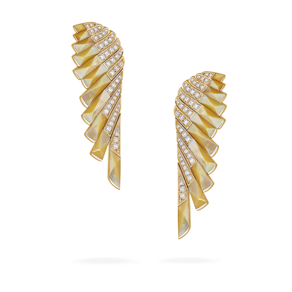 Garrard Wings Jewellery Collection Rising Golden Mother of Pearl and Diamond Earrings In 18ct Yellow Gold, 2018618, Hero View