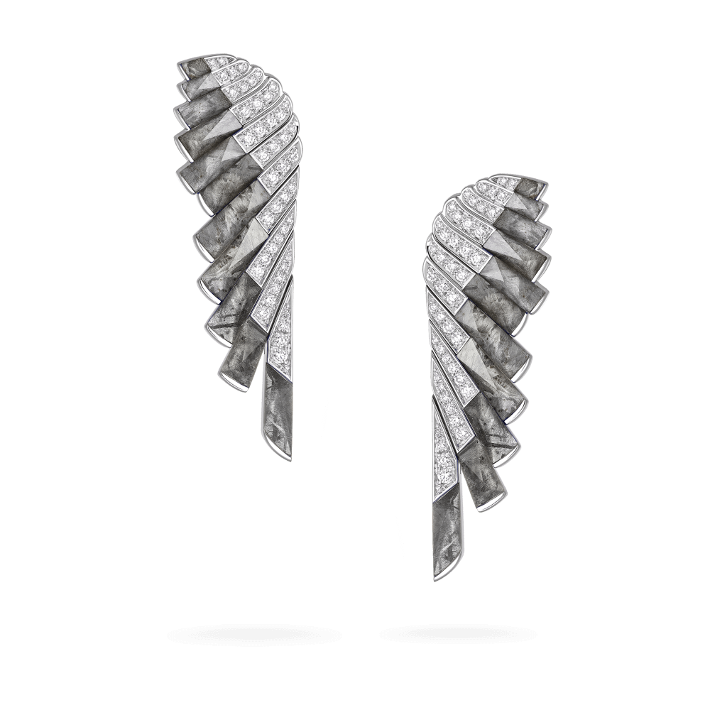 Garrard Wings Jewellery Collection Rising Limited Edition Meteorite and Rock Crystal Earrings In 18ct White Gold with Diamonds, 2018623, Hero View