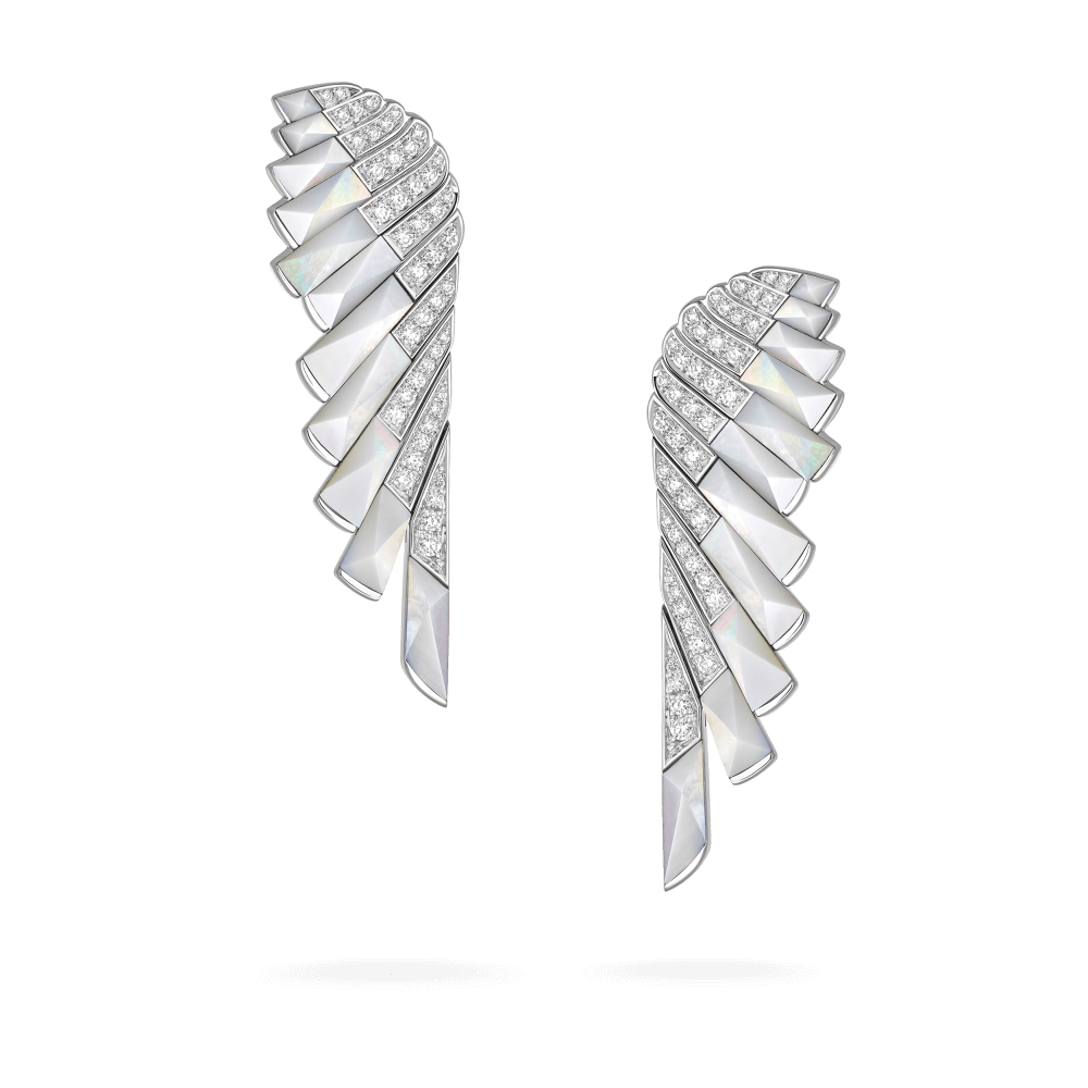 Garrard Wings Jewellery Collection Rising White Mother of Pearl and Diamond Earrings In 18ct White Gold, 2018619, Hero