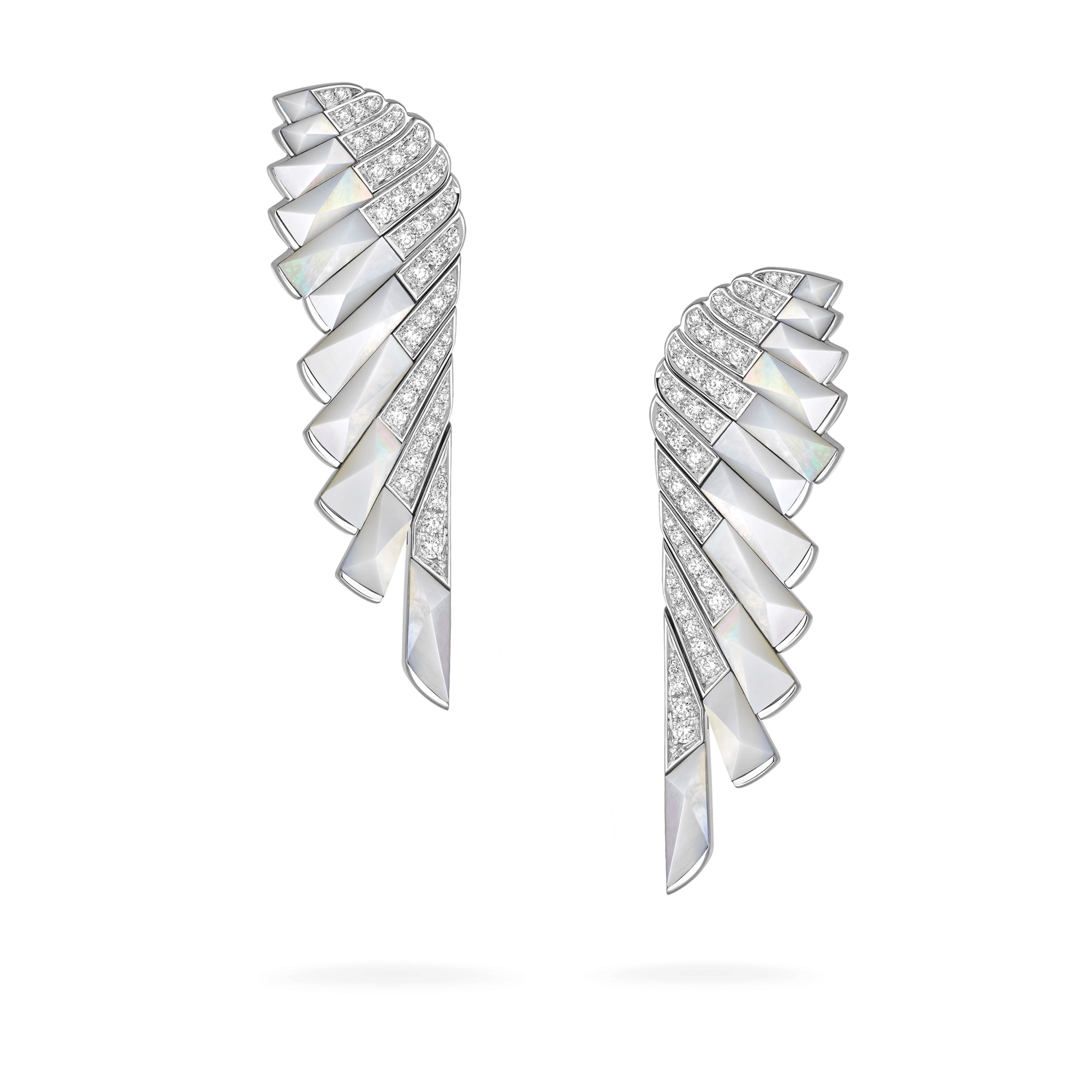 Garrard Wings Jewellery Collection Rising White Mother of Pearl and Diamond Earrings In 18ct White Gold, 2018619, Hero