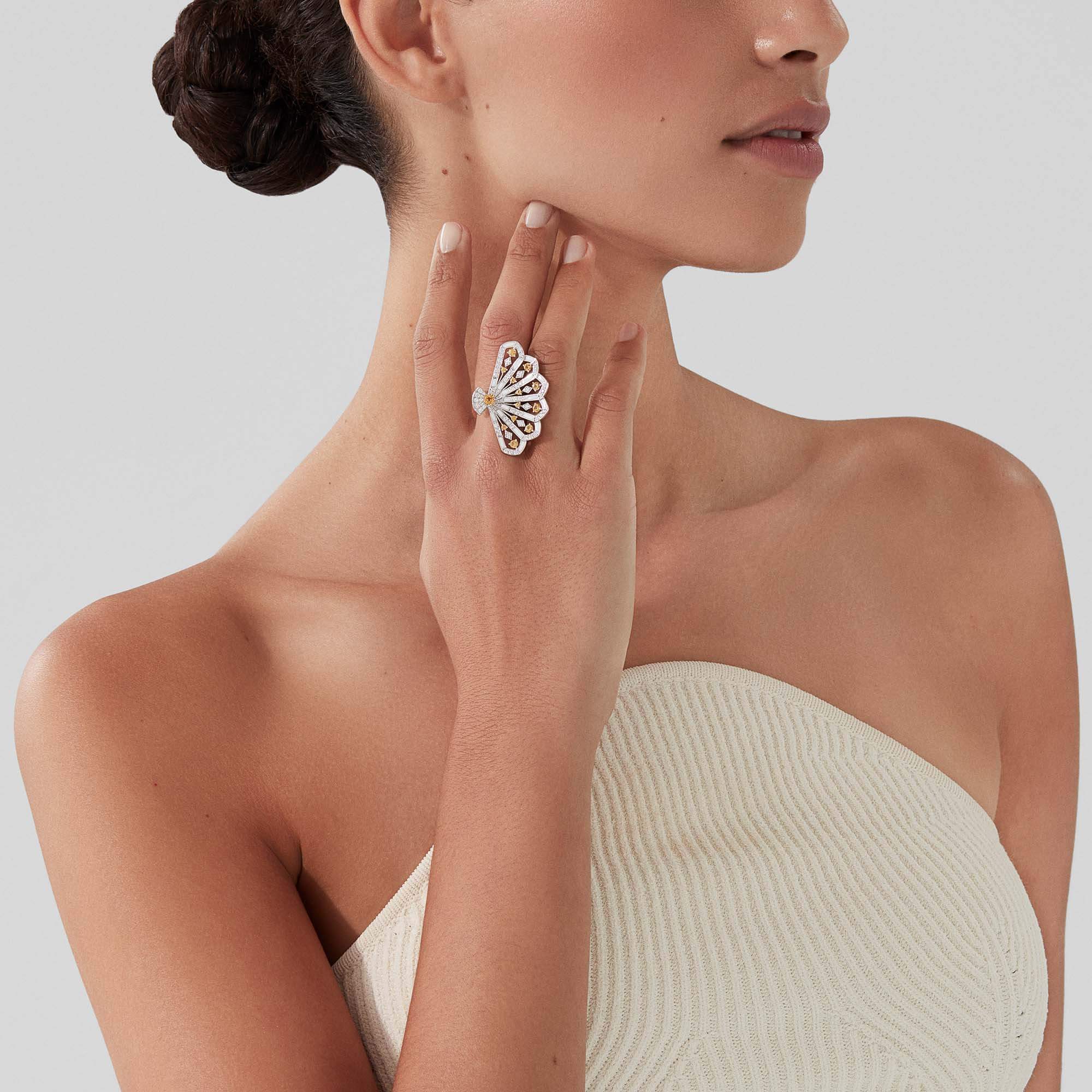Garrard Fanfare Jewellery Collection Symphony Diamond and Yellow Sapphire Ring in 18ct White Gold with White Agate, 2017362, Model View Garrard Fanfare Jewellery Collection Symphony Diamond and Yellow Sapphire Ring in 18ct White Gold with White Agate, 2017362, Model View